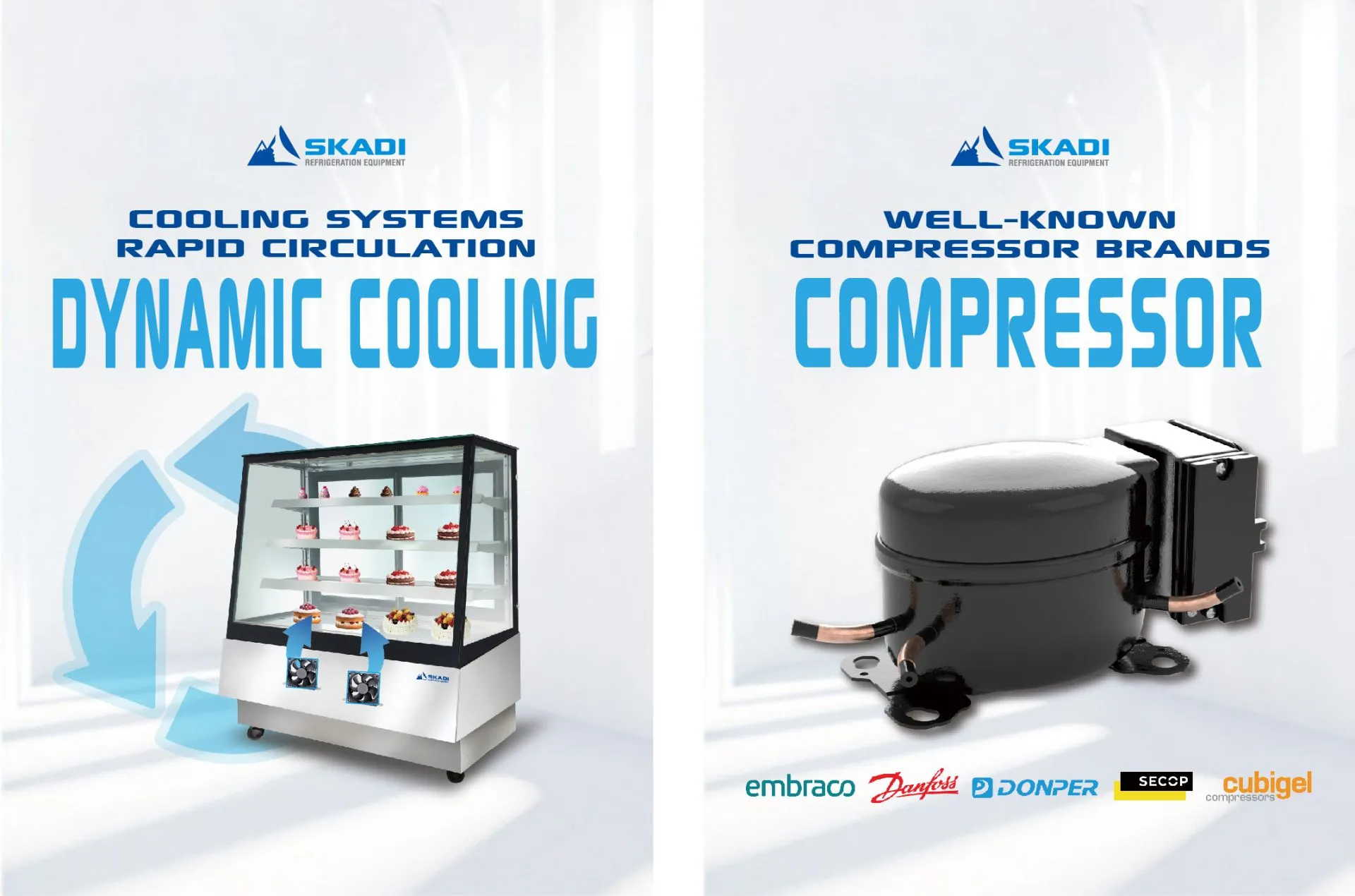 Dynamic cooling system for Full-View Pastry Display Cabinet with Right-Angle Design | ORX-T, highlighting rapid circulation, fan cooling, and well-known compressor brands such as Embraco, Danfoss, Donper, Secop, and Cubigel, with cakes displayed inside the cabinet.