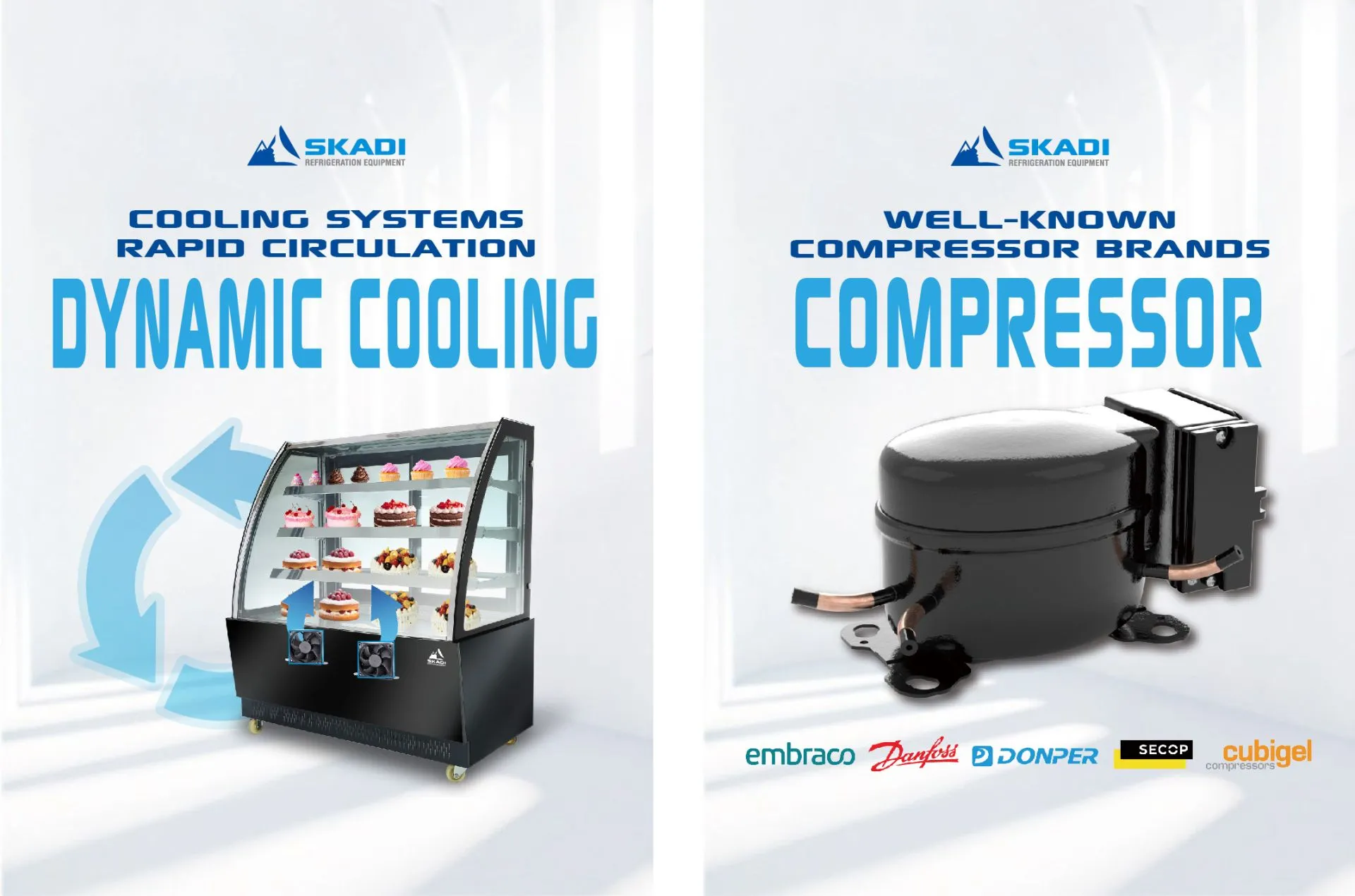 A promotional image for the High-End Panoramic Cake Display Showcase | PNC-T highlights the dynamic cooling system for rapid air circulation. The showcase is filled with cakes and features dual fans for enhanced cooling efficiency. The adjacent image showcases a compressor unit, with well-known brands like Embraco, Danfoss, Donper, Secop, and Cubigel listed below.