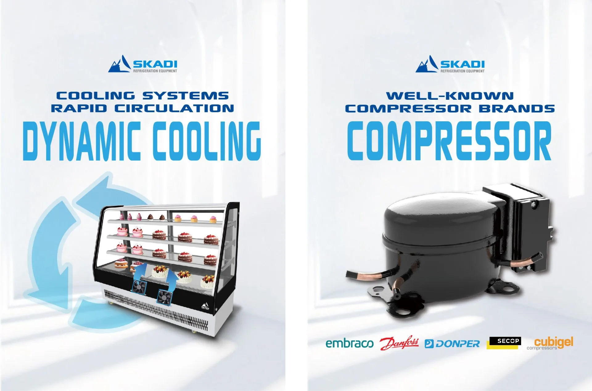 An advertisement for the Transparent Panoramic Cake Display Showcase | ORD-T, showcasing dynamic cooling for rapid circulation and well-known compressor brands such as Embraco, Danfoss, and more.