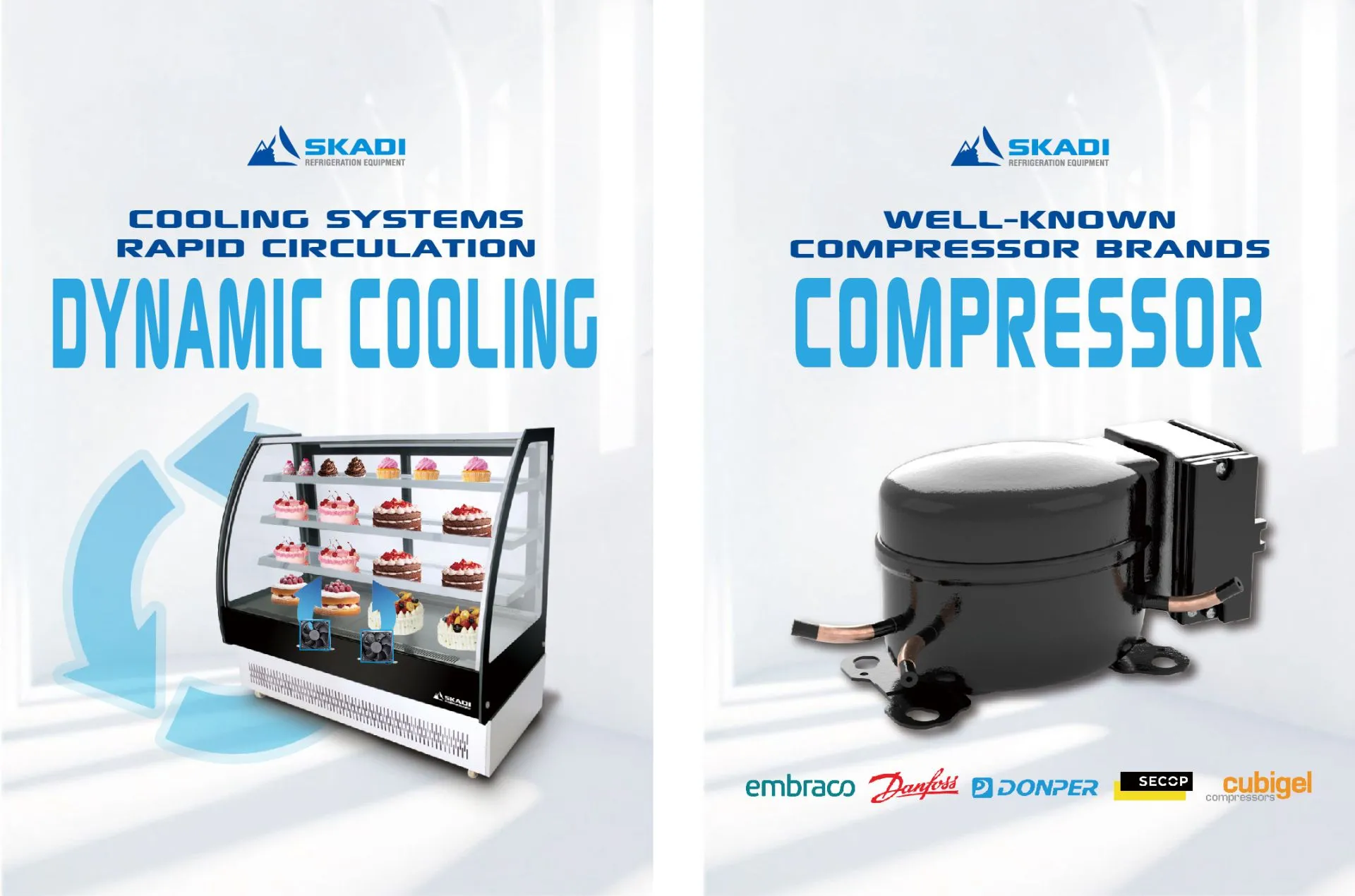 An advertisement for the Full-View Curved Glass Pastry Display Showcase | ORC-T, emphasizing its dynamic cooling system with rapid circulation, shown with pastries on display. The right side highlights the well-known compressor brands used, including Embraco, Danfoss, Donper, Secop, and Cubigel.