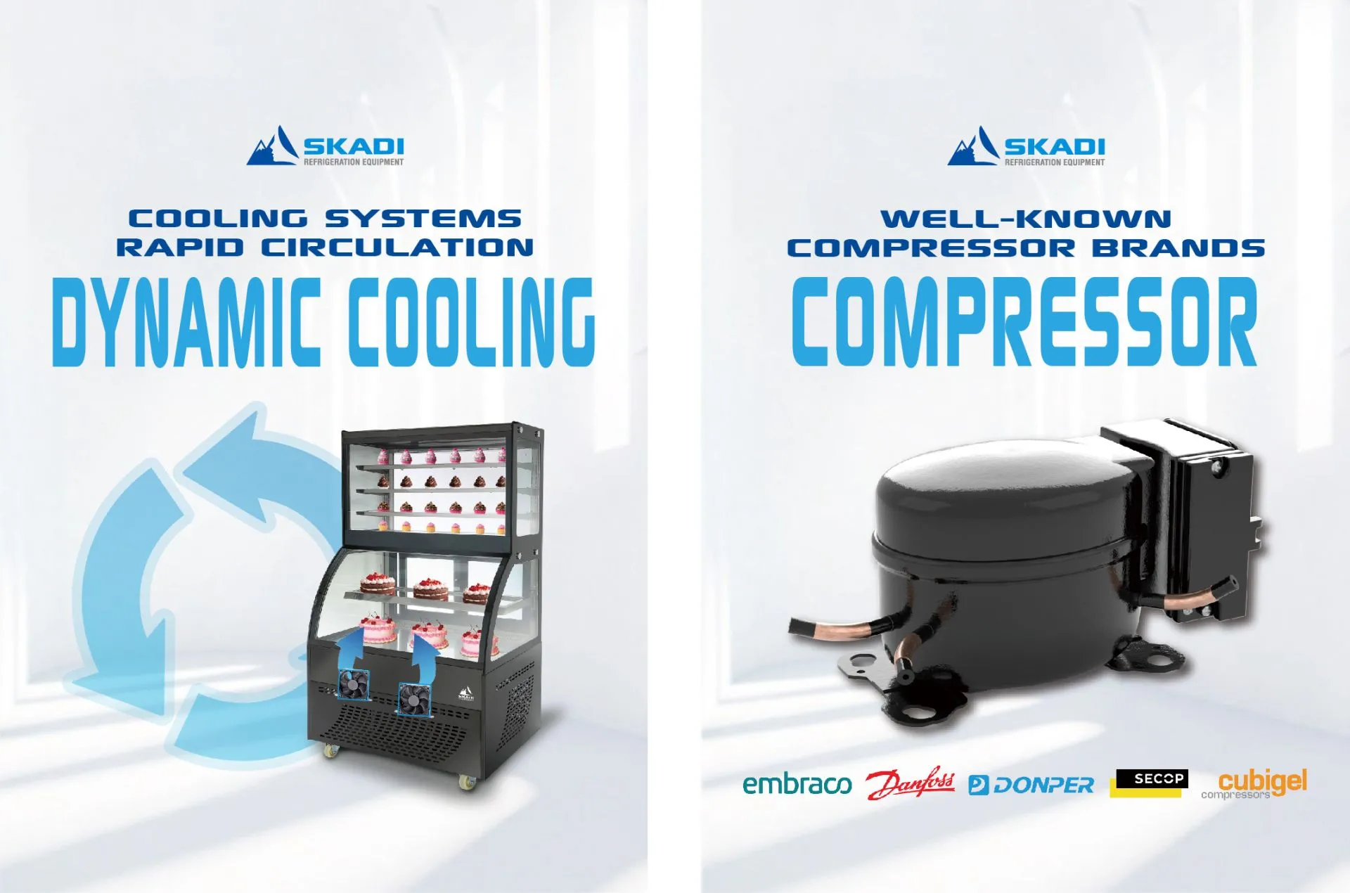 A promotional image for the Compact Curved Glass Cake Display Cabinet | DXX, showcasing dynamic cooling systems for rapid circulation and featuring a well-known compressor brand with logos of Embraco, Danfoss, Donper, Secop, and Cubigel.