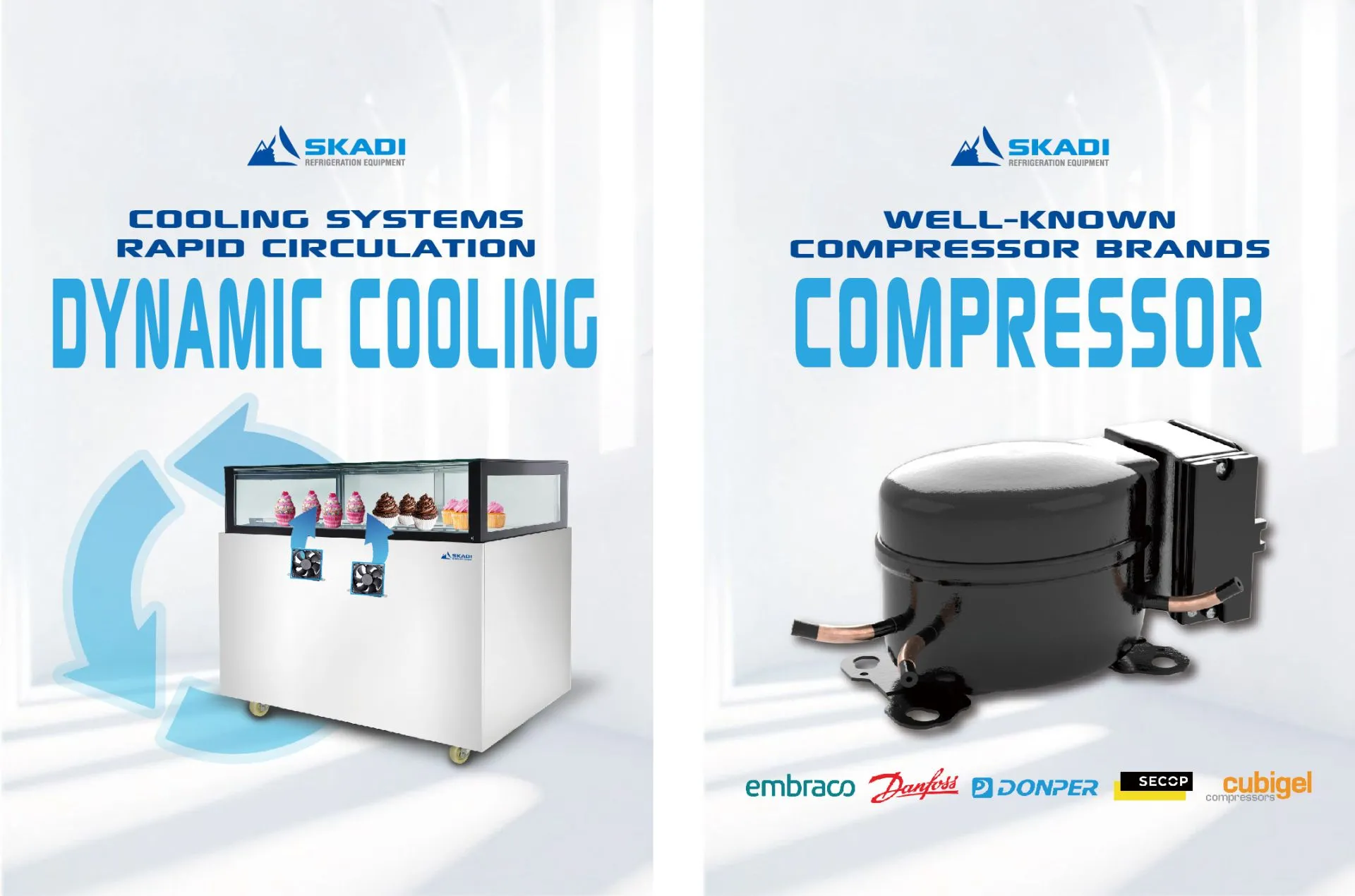 Low-Temperature Cake Display Showcase | JRS featuring dynamic cooling for rapid air circulation, displayed with cupcakes inside, and well-known compressor brands like Embraco, Danfoss, Donper, Secop, and Cubigel.