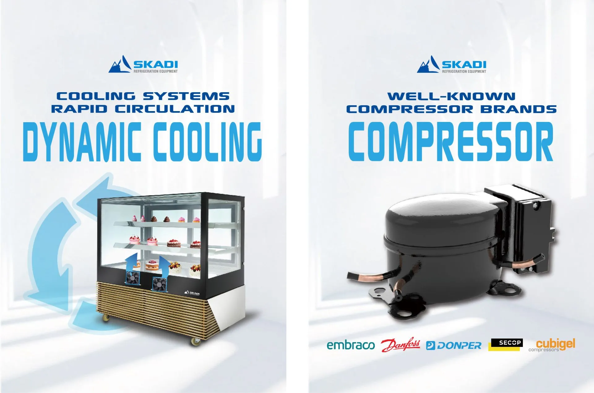 Cooling systems with rapid circulation and dynamic cooling technology, showcased alongside a visual of the High-Efficiency Commercial Cake Display Cabinet | TLR-D. Additionally, a well-known compressor brand is highlighted with logos for Embraco, Danfoss, Donper, Secop, and Cubigel compressors.