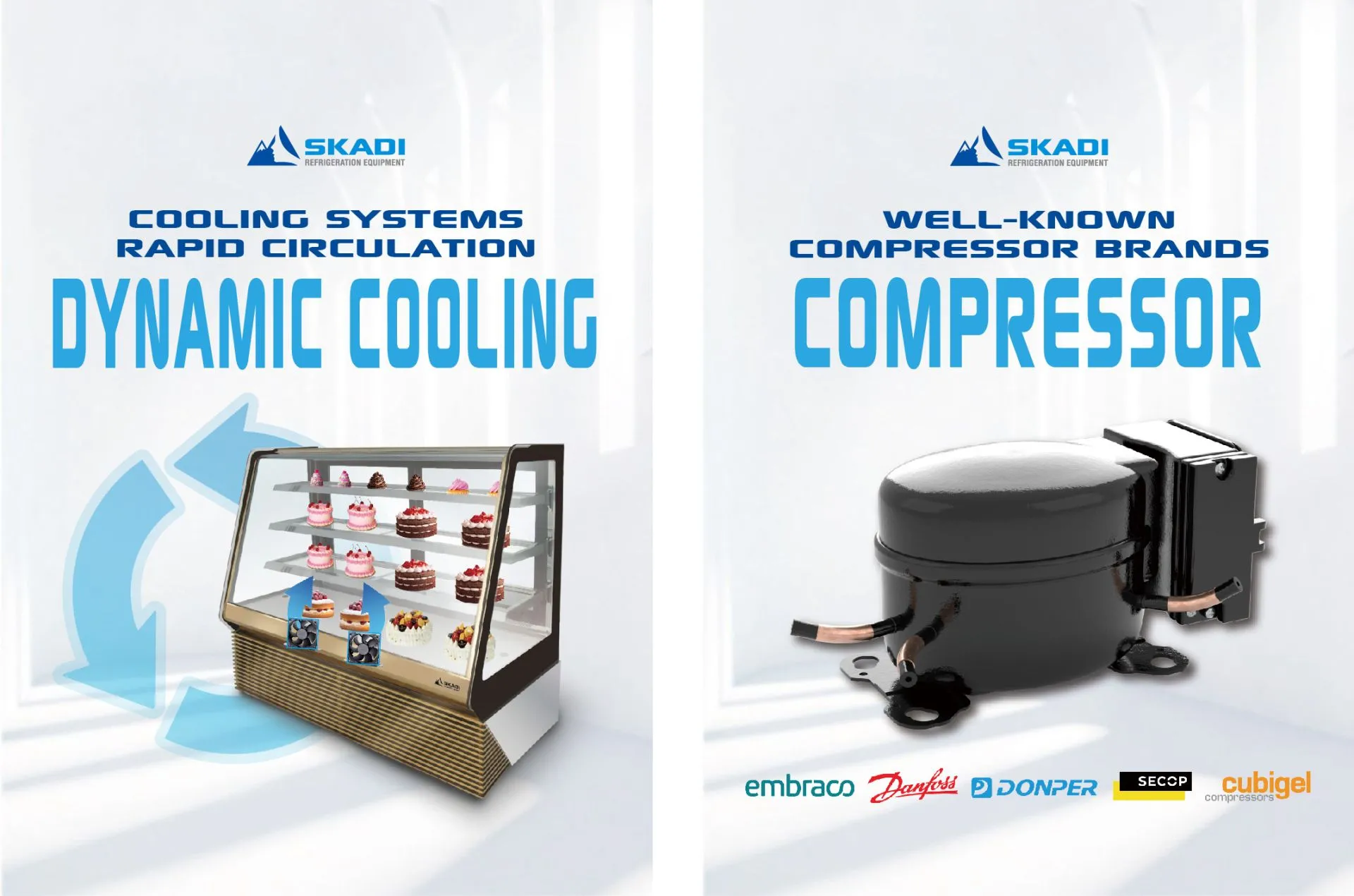 Luxurious Panoramic Cake Display Showcase | TLC-T showcasing dynamic cooling with rapid air circulation for fresh cake display, and a well-known compressor brand including Embraco, Danfoss, Donper, Secop, and Cubigel for powerful performance.