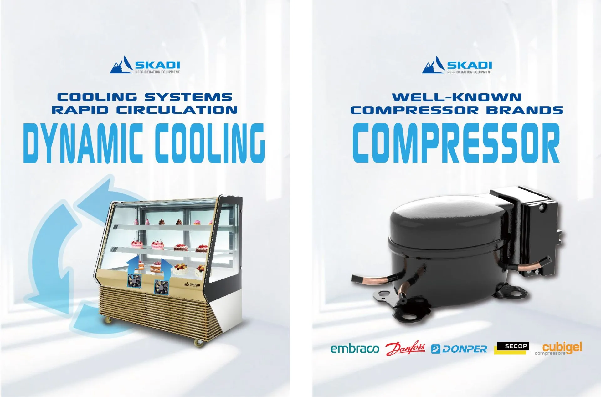 Elegant Cake Display Cabinet with Customizable Colors | TLC-D, promoting dynamic cooling systems with rapid circulation. The image also displays a close-up of a well-known compressor brand used in the system, including logos for Embraco, Danfoss, Donper, Secop, and Cubigel.