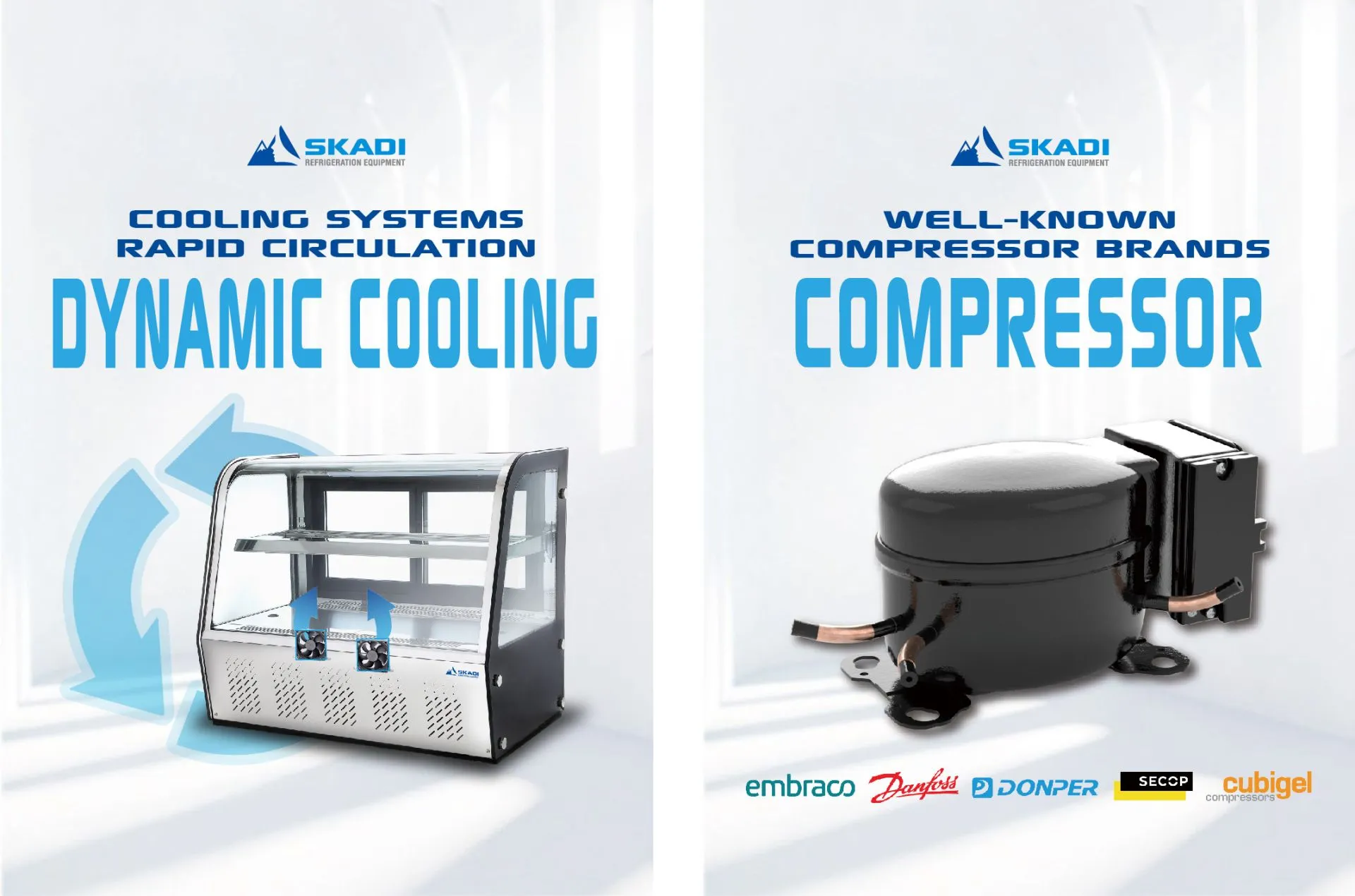 A promotional graphic for the [Panoramic Countertop Cake Display Showcase | CTSC085], highlighting its dynamic cooling system with rapid circulation, alongside an image of a high-performance compressor from well-known brands like Embraco, Danfoss, and Secop.