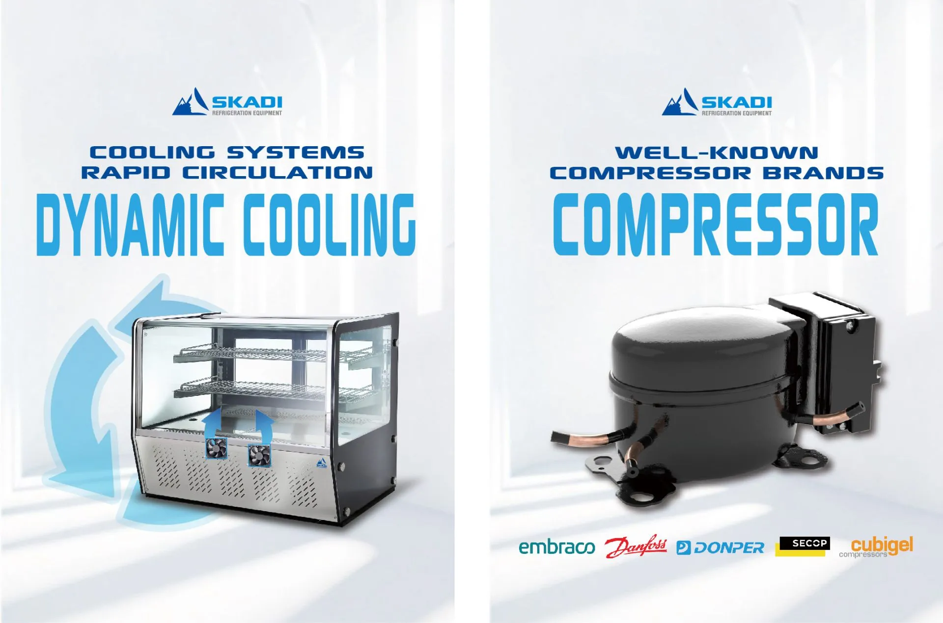 Promotional image for Compact Countertop Commercial Cake Display Cabinet | CTSR showcasing dynamic cooling system and a well-known compressor from brands like Embraco and Danfoss.