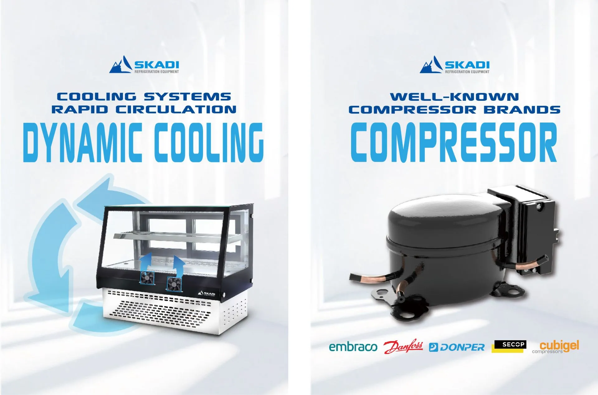 An advertisement showcasing the dynamic cooling system of the [High-Visibility Countertop Cake Display Cabinet | CTD], emphasizing rapid air circulation with blue arrows, alongside a feature on well-known compressor brands such as Embraco, Danfoss, and Secop.