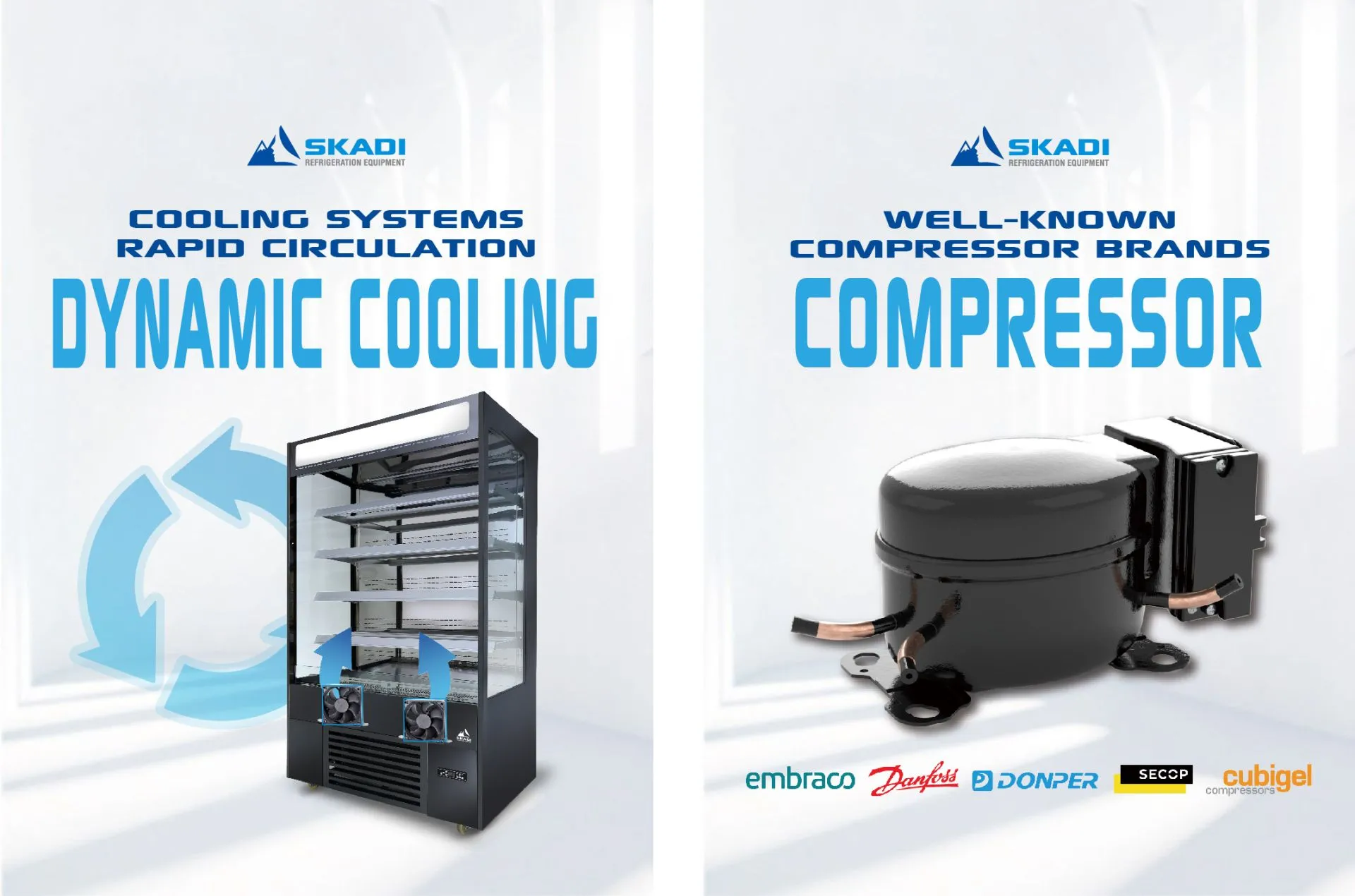 Promotional graphic for [High-Efficiency Open Chiller for Corporate Environments | LOC], highlighting its "Dynamic Cooling" system with rapid air circulation for efficient cooling. The image shows the chiller with airflow indicators, alongside a compressor labeled "Well-Known Compressor Brands" with logos of Embraco, Danfoss, Donper, Secop, and Cubigel, indicating the use of reputable compressor manufacturers.