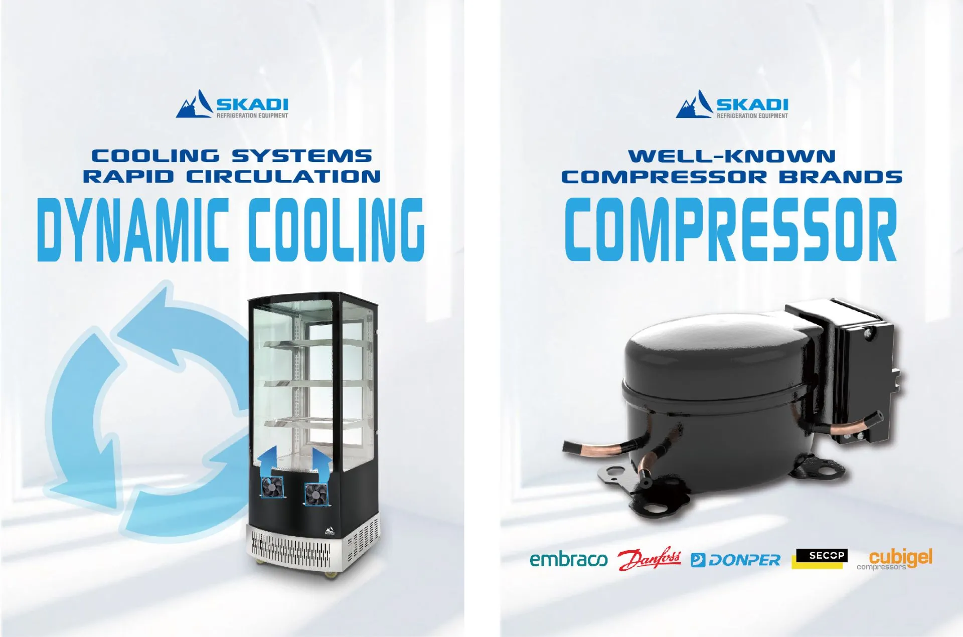 Advertisement for the Born for Bulk Orders | Vertical Upright Chiller | FGB series, highlighting dynamic cooling systems with rapid circulation and showcasing a well-known compressor from brands such as Embraco, Danfoss, Donper, Secop, and Cubigel.