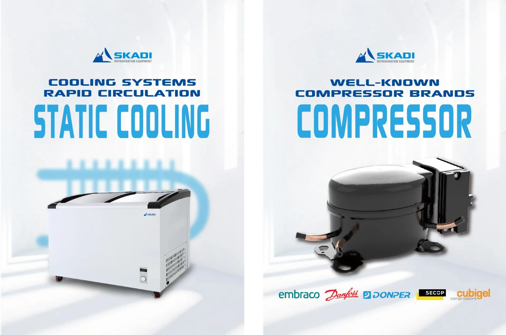 Promotional graphic for the High-Performance Freezer Display Unit | CFS, featuring static cooling technology for rapid circulation, alongside a well-known compressor brand.