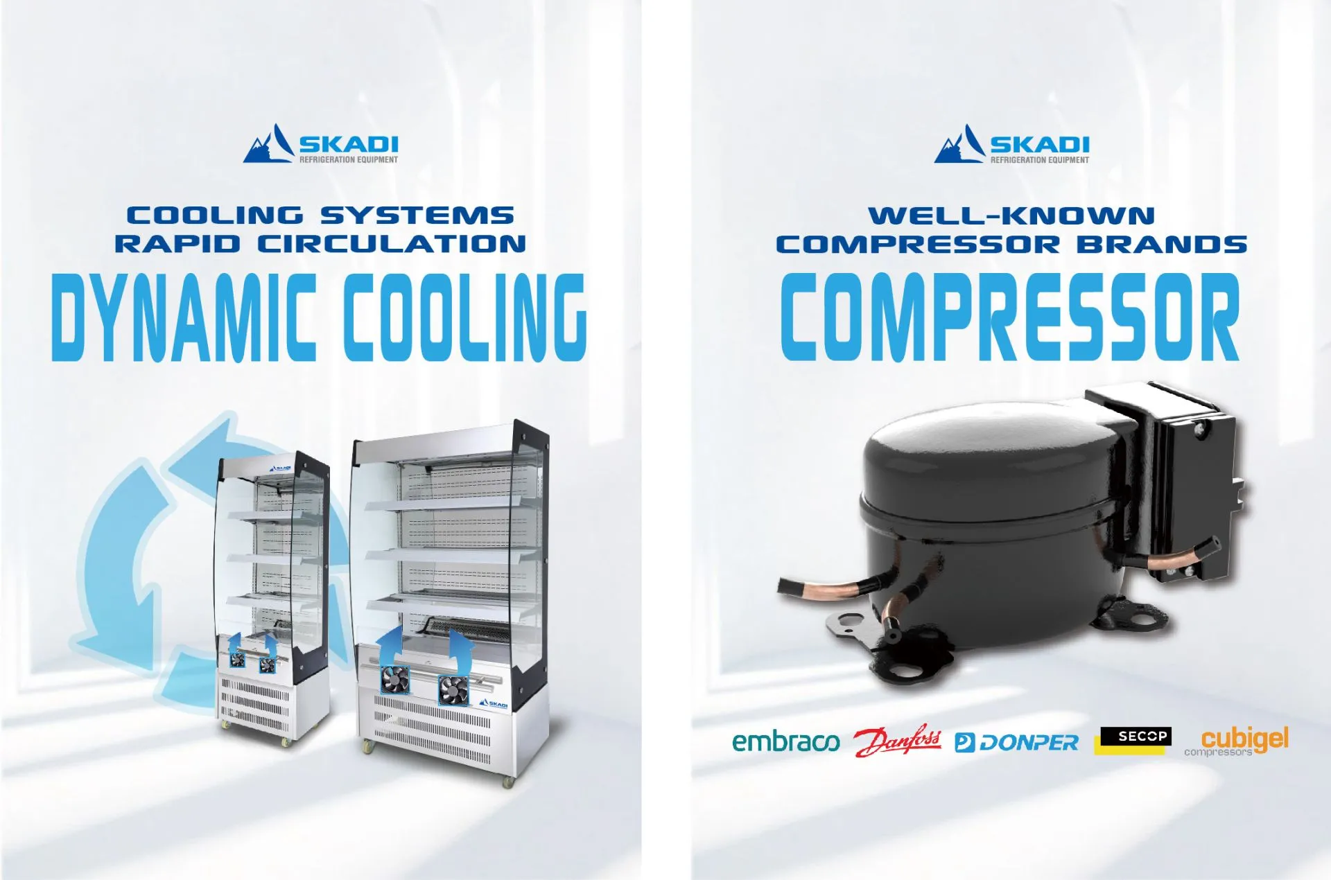 Image highlighting the Advanced Open Chiller for Bulk Orders EOC with "Dynamic Cooling" text, showcasing rapid air circulation through fan cooling technology, and well-known compressor brands including Embraco, Danfoss, Donper, Secop, and Cubigel, ensuring efficient temperature maintenance.