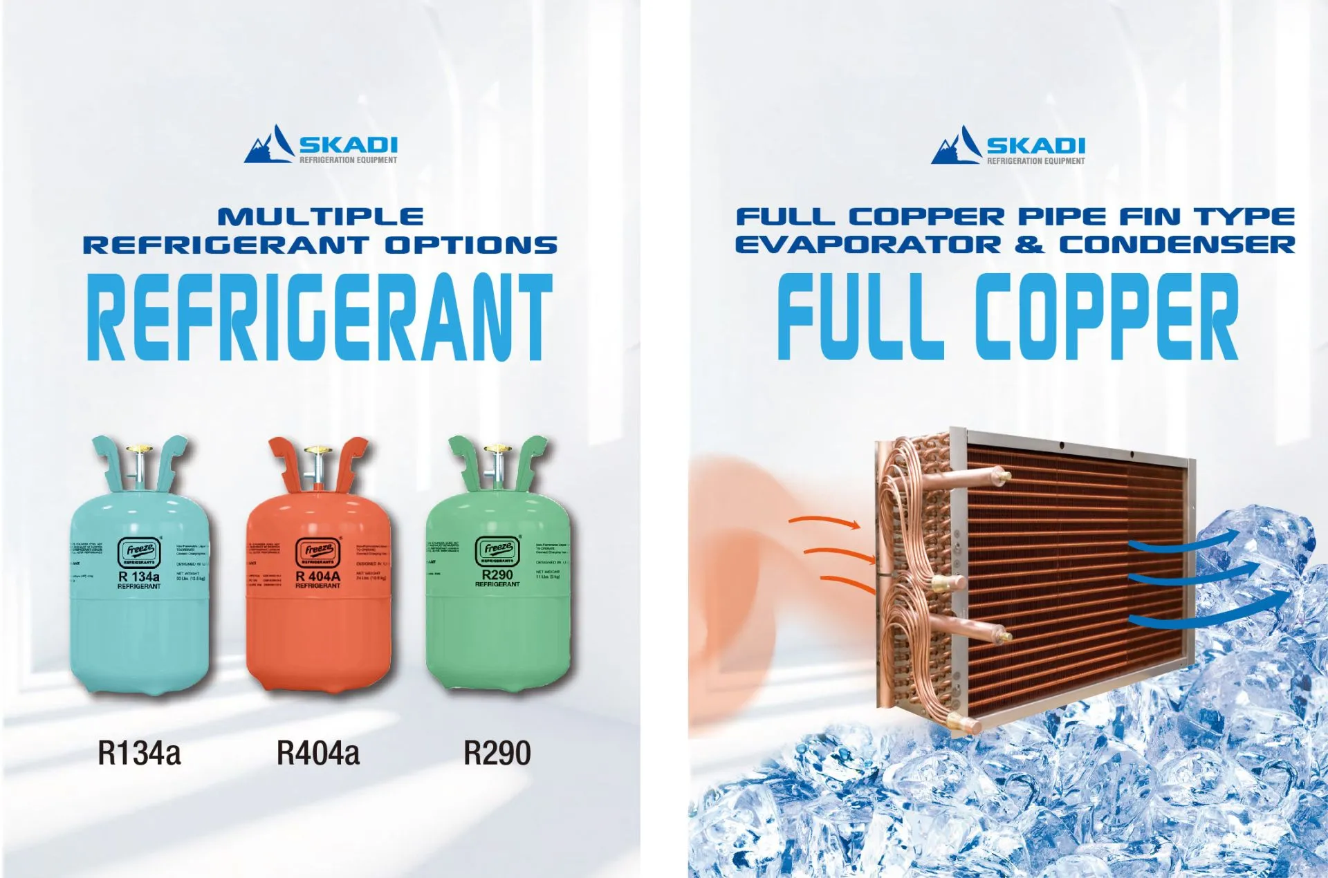 Promotional image for [High-Efficiency Open Chiller for Corporate Environments | LOC] showing three refrigerant options: R134a, R404a, and R290, emphasizing "Multiple Refrigerant Options." Next to it is a full copper pipe fin-type evaporator and condenser, surrounded by ice, with "Full Copper" in bold, indicating enhanced cooling efficiency and durability.