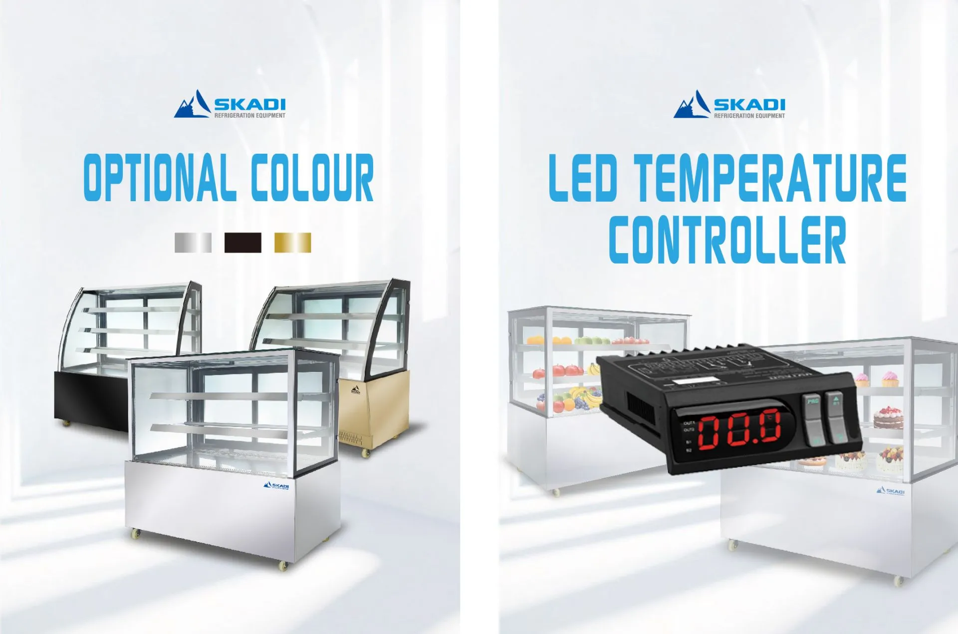 Optional color choices for the LTR-D cake display cabinet, available in stainless steel, black, brown, and gold.LED temperature controller for the LTR-D cake display cabinet, displaying precise temperature control for food preservation.