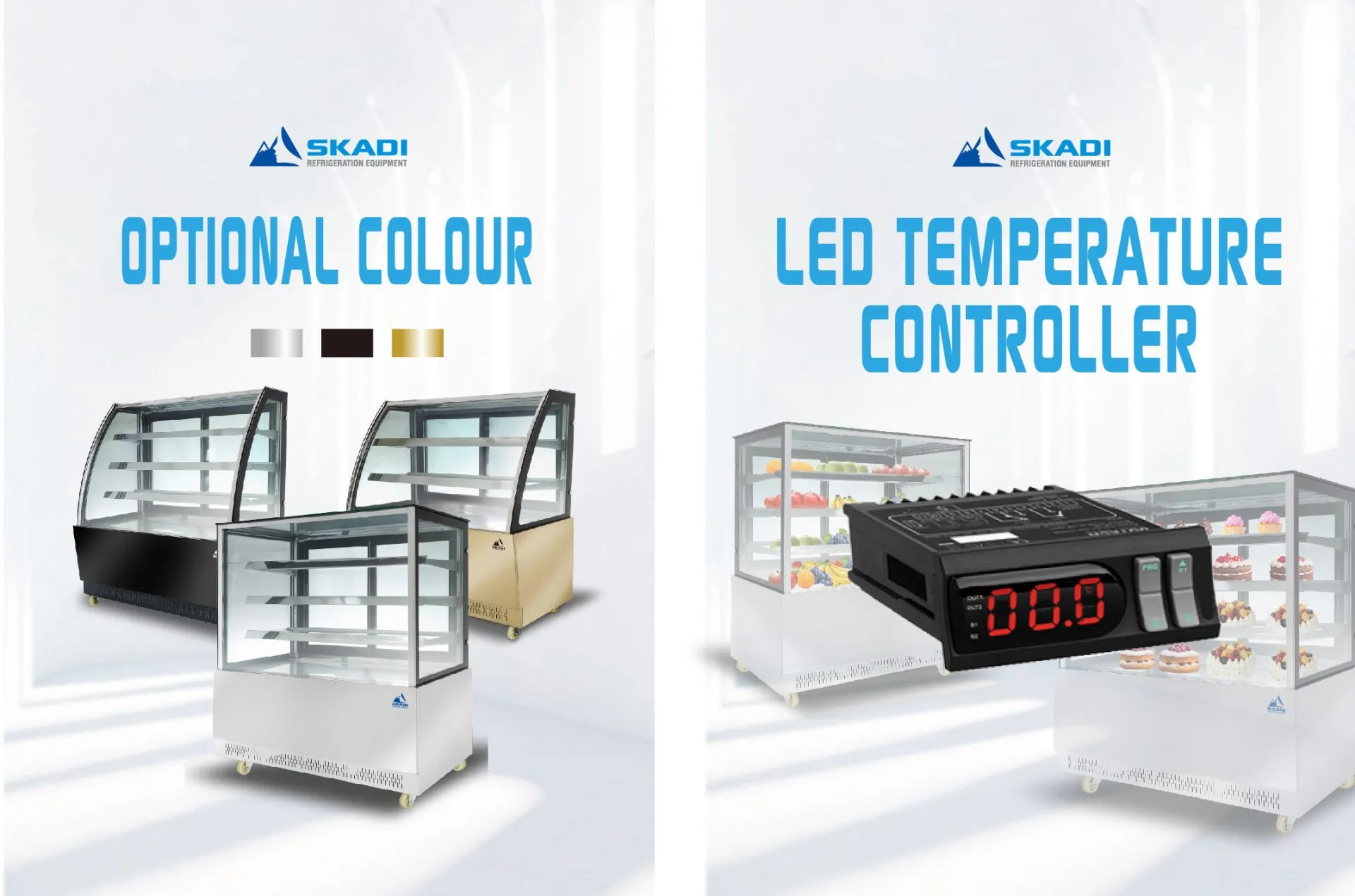 Image of three display cases in black, beige, and stainless steel under the text "Optional Colour." Beside it, an LED temperature controller with a digital display reading 0.0 is shown, with the text "LED Temperature Controller," emphasizing precise temperature regulation in the [Transparent Glass Cake Display Showcase | PNR-T].