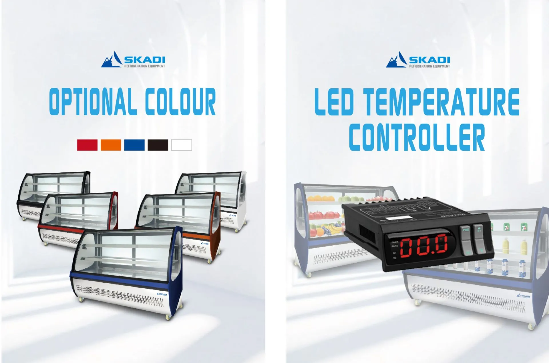 Optional color options for Long-Shape Commercial Cake Display Cabinet | LLC-D, featuring different models in red, orange, blue, black, and white. Another image displays the LED temperature controller used in the cabinet.