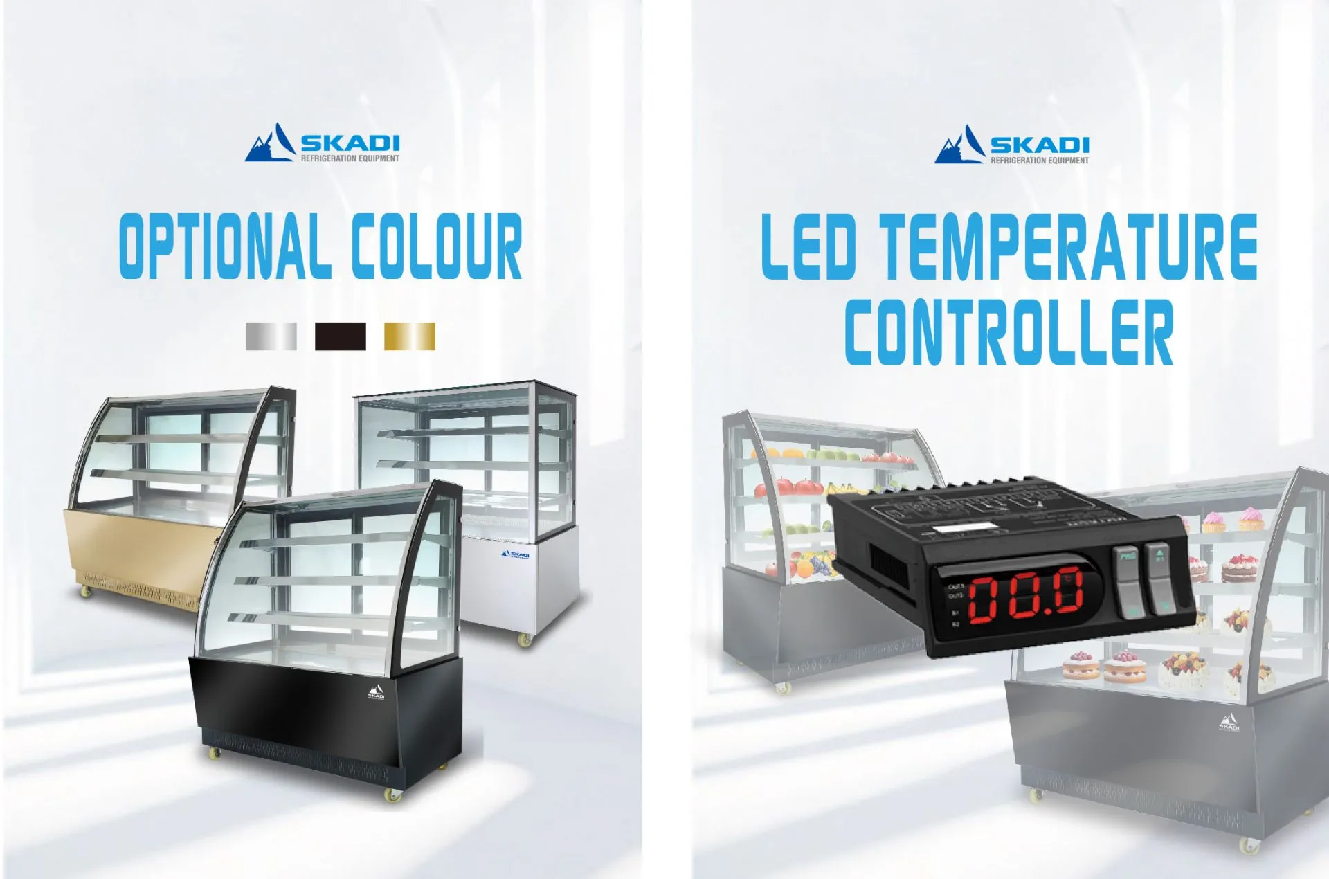 This image highlights the optional colors for the High-End Panoramic Cake Display Showcase | PNC-T, available in stainless steel, black, and gold. The adjacent image showcases the LED temperature controller, designed for precise temperature regulation, displayed alongside the showcase filled with fresh products.