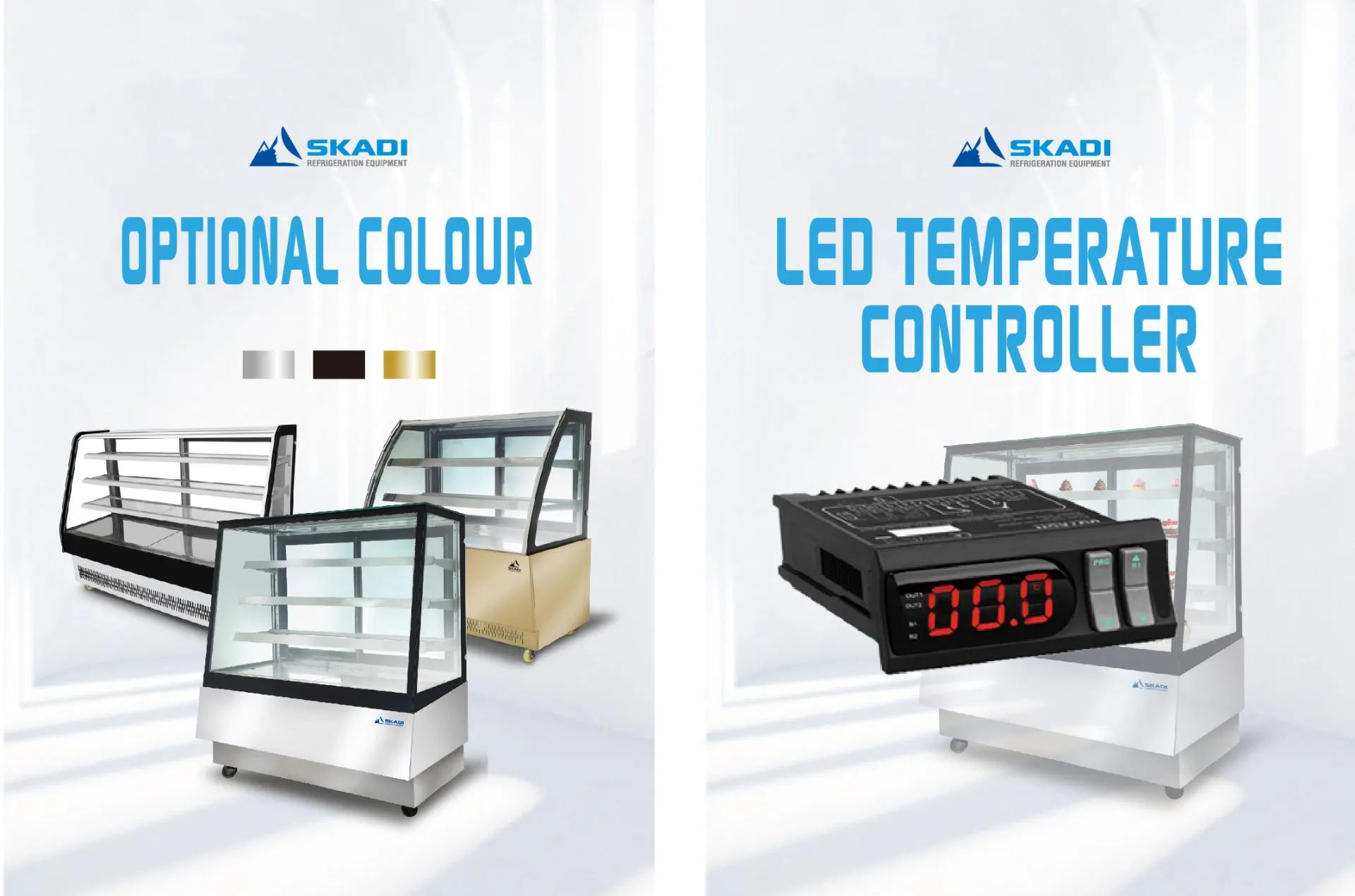 Color options and LED temperature controller for Full-View Pastry Display Cabinet with Right-Angle Design | ORX-T, showcasing the cabinet in black, stainless steel, and gold finishes, with a digital display for precise temperature control.