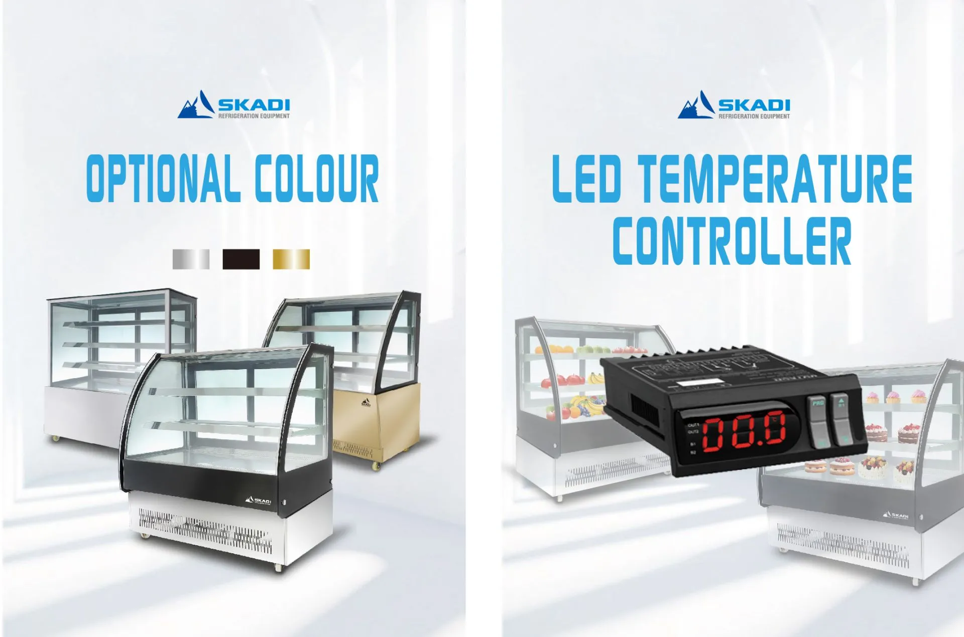 Optional color choices for the Curved Pastry Display Showcase | ORC-D, available in stainless steel, black, and gold finishes. The adjacent image highlights an LED temperature controller for precise control.