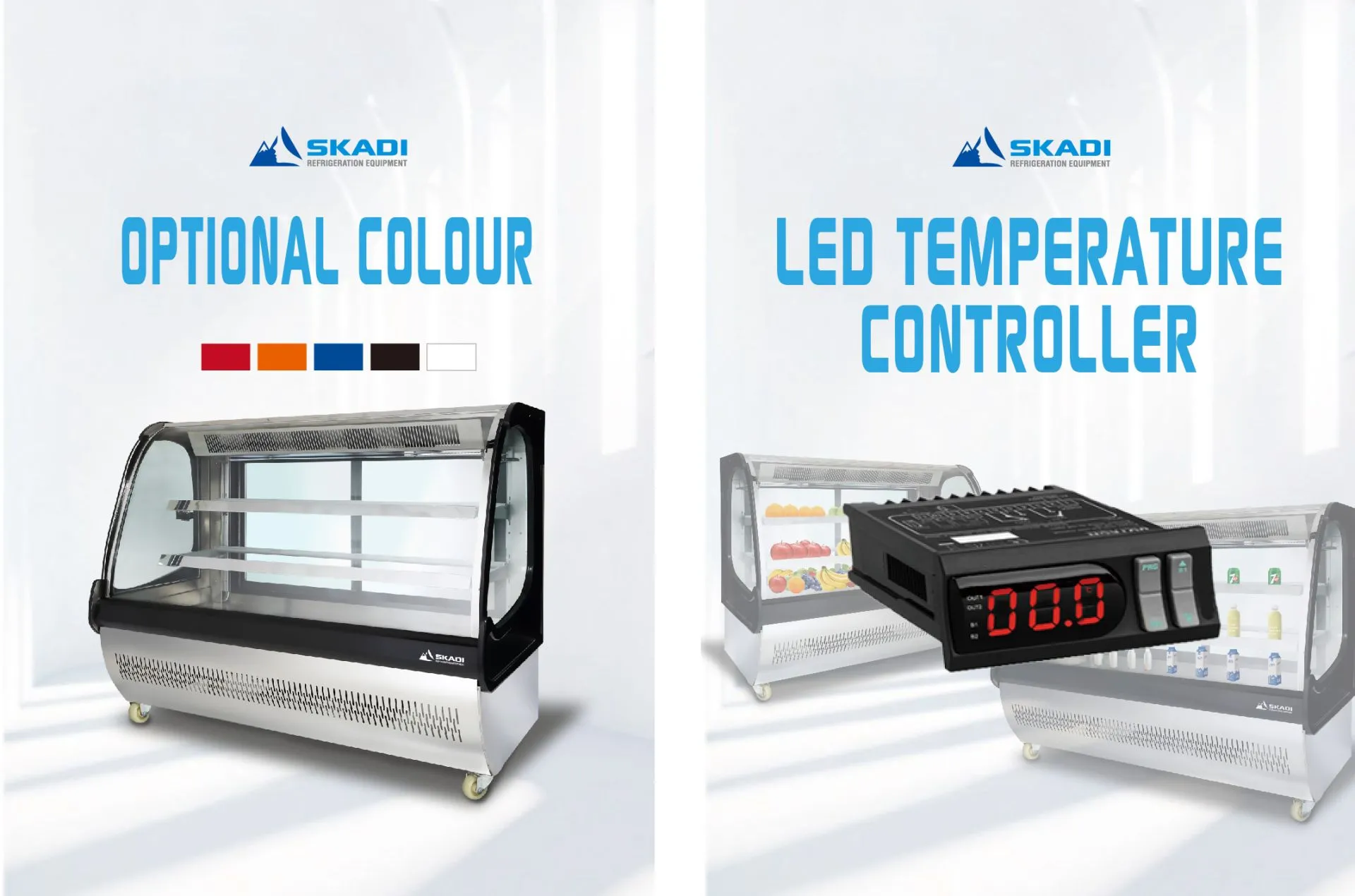 Optional color choices for Spacious Curved Glass Commercial Cake Display Cabinet | XRC-D, with LED temperature controller for precise cooling management.