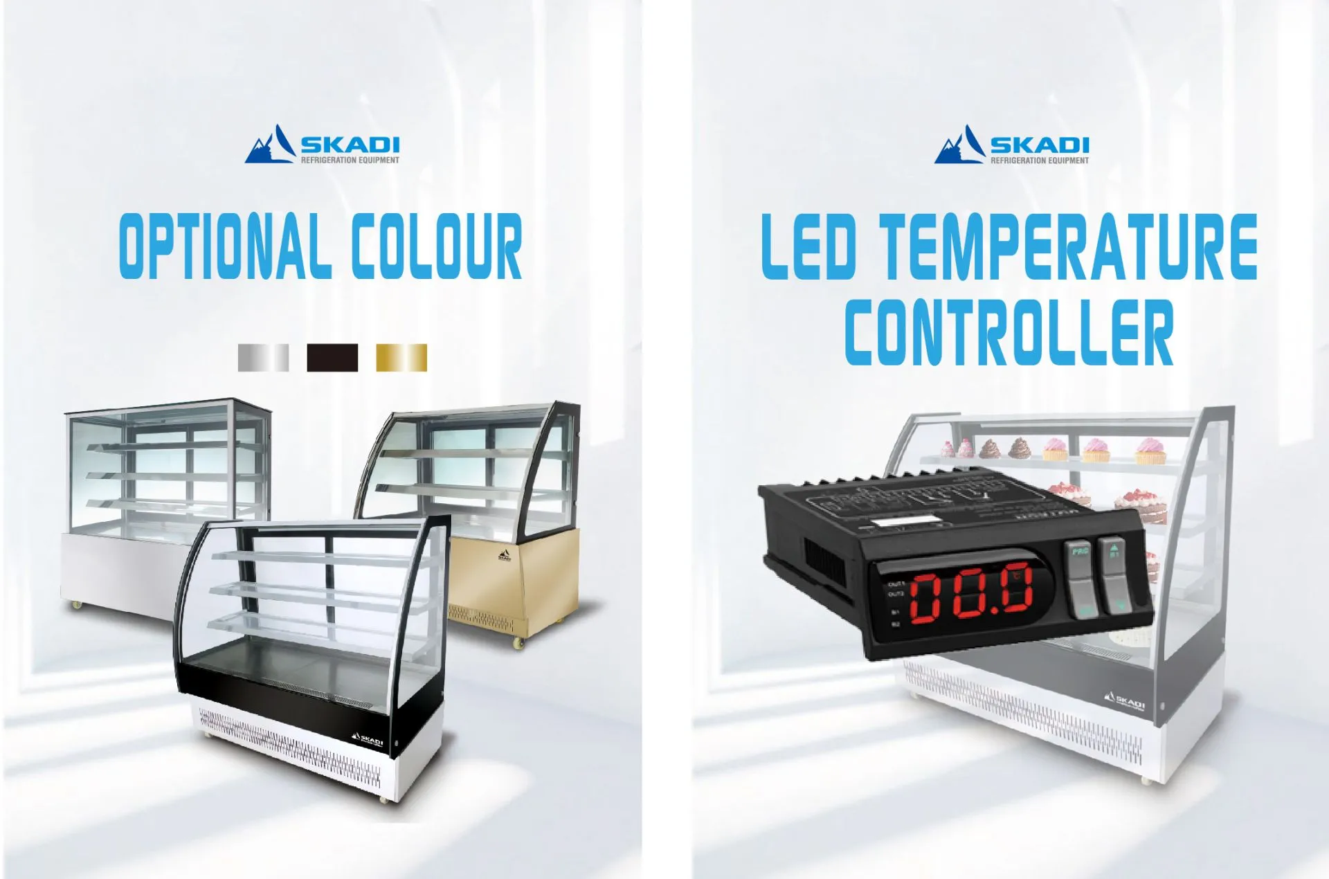 An advertisement for the Full-View Curved Glass Pastry Display Showcase | ORC-T, offering optional colors of stainless steel, black, and gold for customization. On the right side, an LED temperature controller with a digital display is shown for precise temperature management.