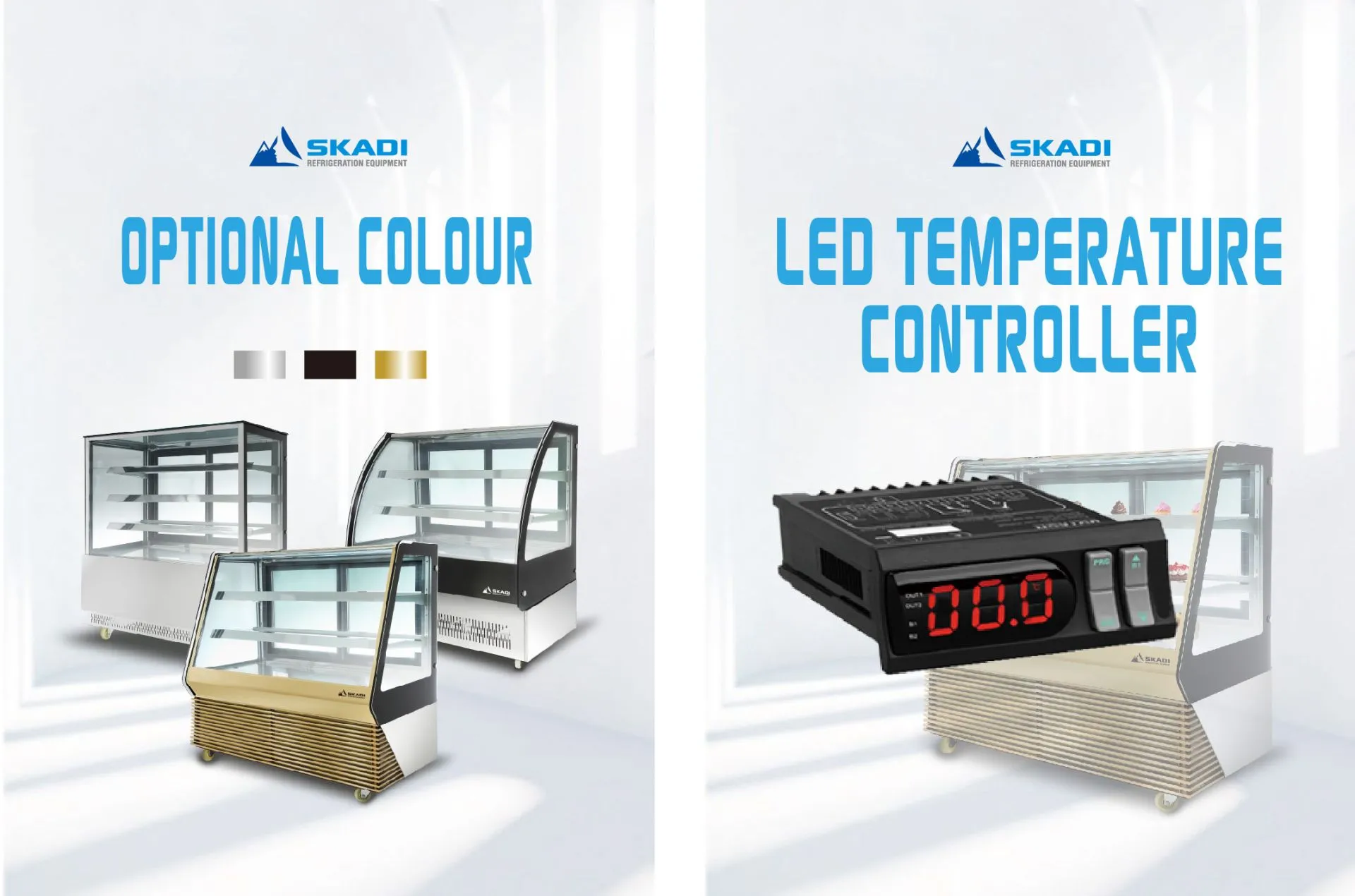 Elegant Cake Display Cabinet with Customizable Colors | TLC-D, showing optional color finishes in stainless steel, black, and gold. The image also features a close-up of the LED temperature controller with a digital display.