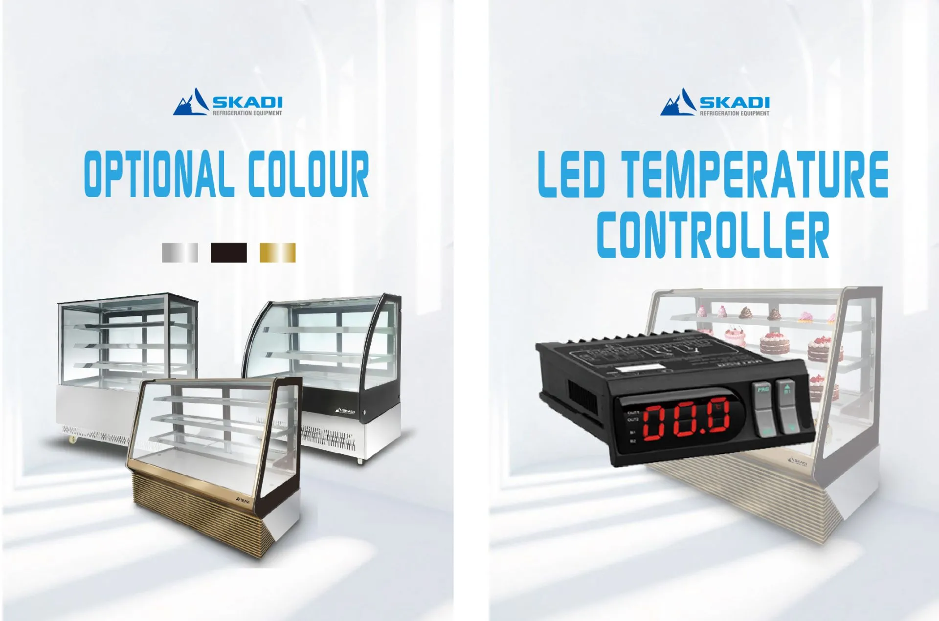 Luxurious Panoramic Cake Display Showcase | TLC-T optional color finishes in stainless steel, dark brown, and gold. Next to it, an LED temperature controller is shown for precise temperature adjustments.