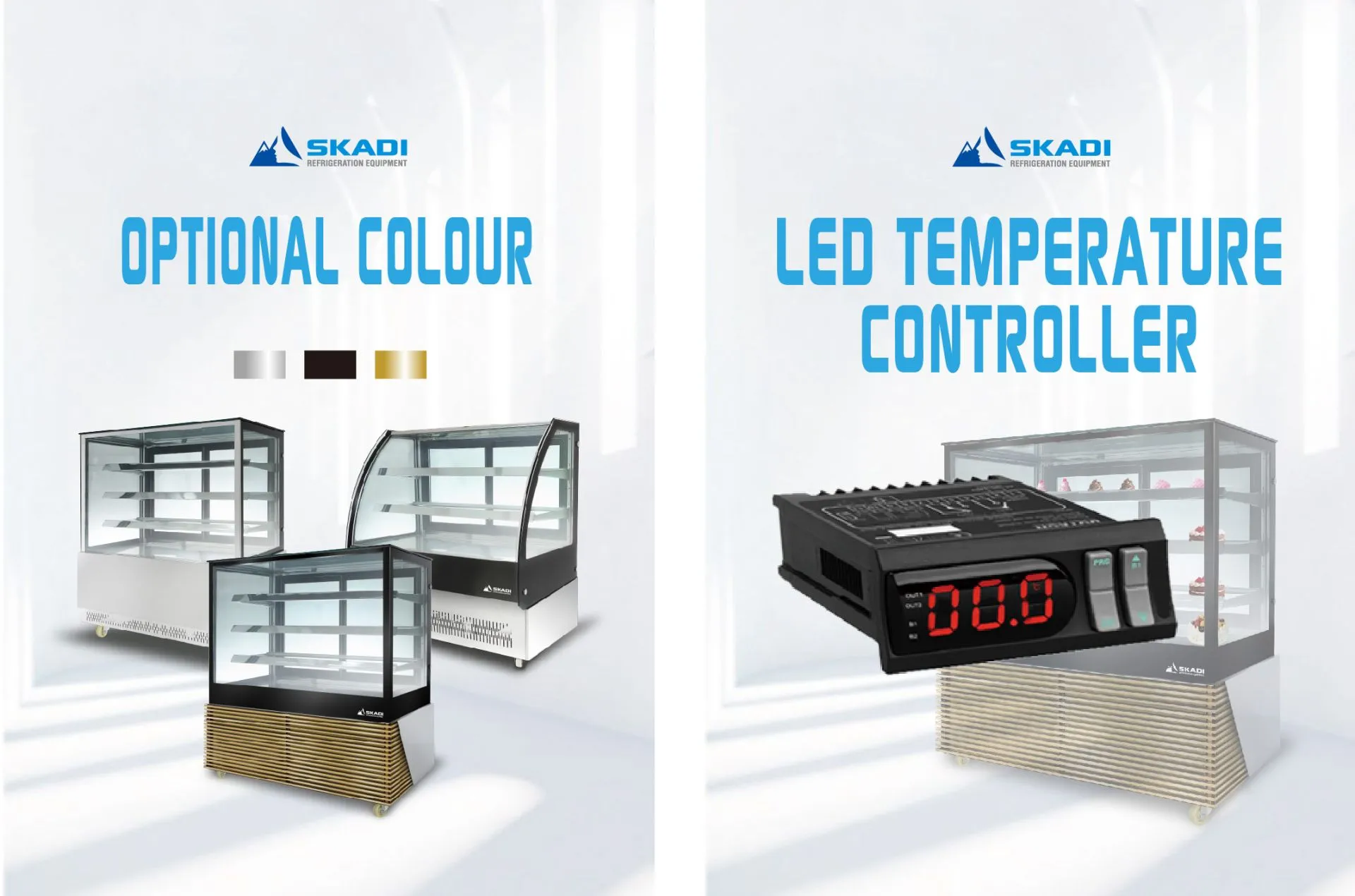 Image showcasing color and temperature control options for the [Full-View Curved Glass Cake Display Showcase | TLR-T]. Left side highlights color choices in stainless steel, black, and gold, while the right side displays an LED temperature controller with a digital display for precise adjustments.