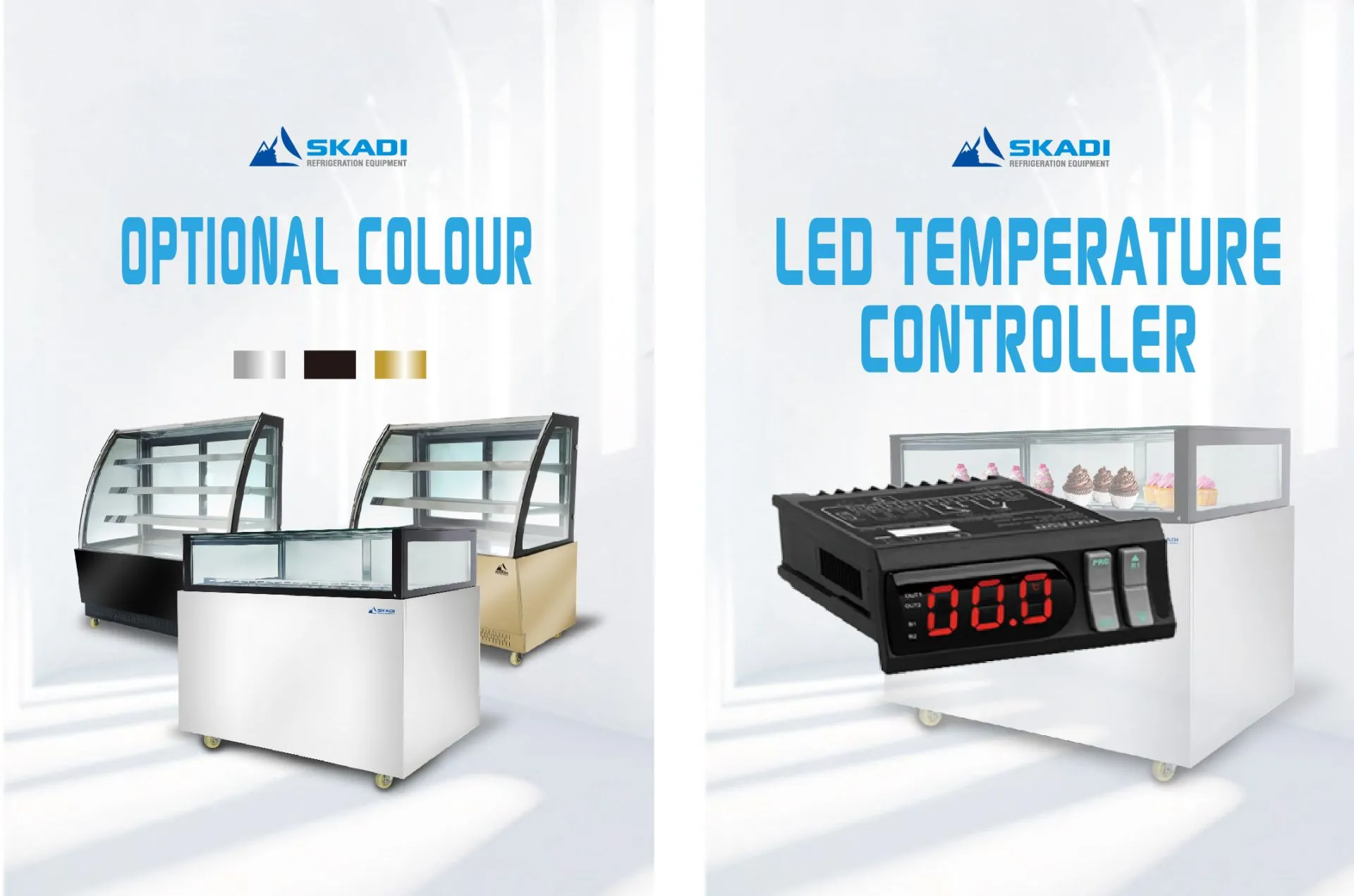 Low-Temperature Cake Display Showcase | JRS shown in optional colors of black, white, and gold, with a digital LED temperature controller displayed alongside the showcase filled with cupcakes.