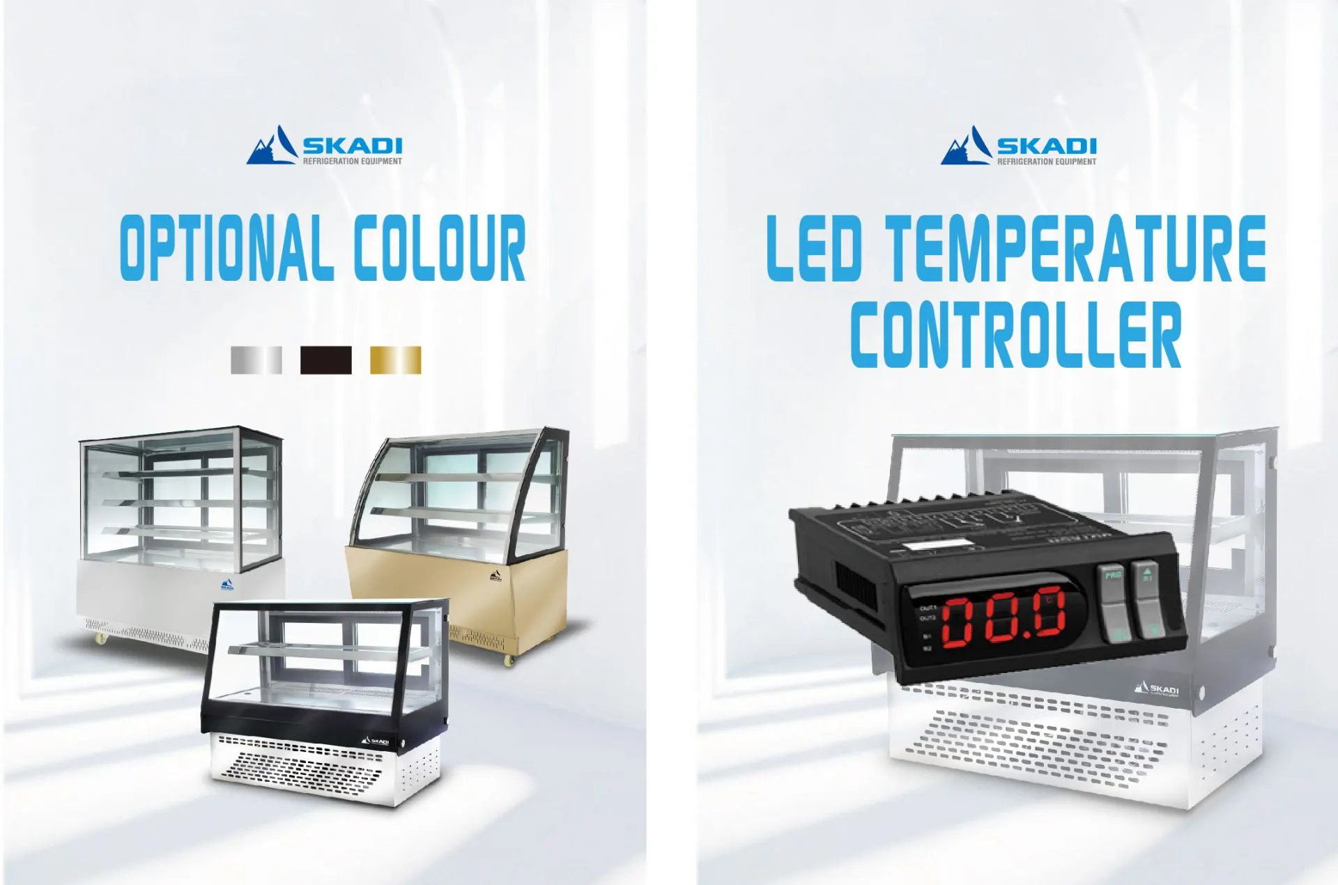 A display showcasing optional color finishes for the [High-Visibility Countertop Cake Display Cabinet | CTD], including stainless steel, black, and gold, alongside an image of an LED temperature controller with a digital display.