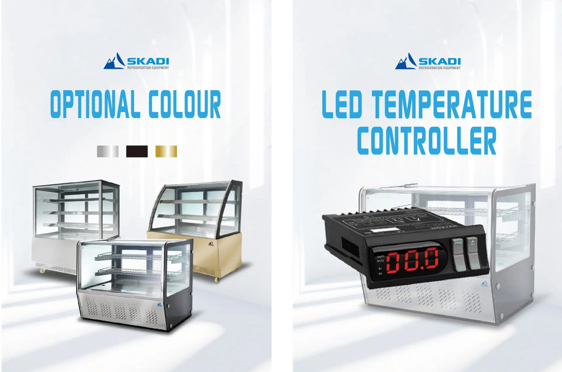 Promotional image for Compact Countertop Commercial Cake Display Cabinet | CTSR featuring optional colors in stainless steel, black, and gold, alongside an LED temperature controller.