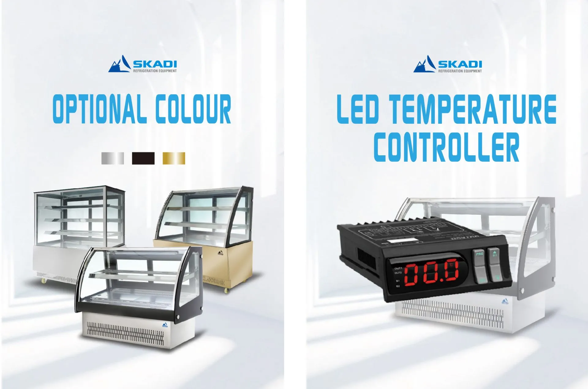 Promotional image showcasing the Sleek Curved Glass Countertop Cake Display Showcase | CTX, offering optional color choices (stainless steel, black, gold) and a view of the LED temperature controller.