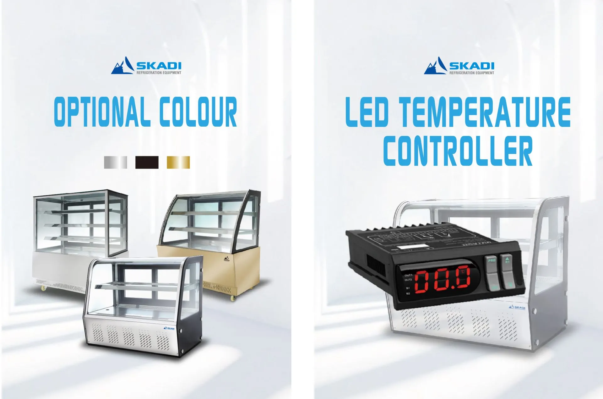 A promotional image showcasing the [Panoramic Countertop Cake Display Showcase | CTSC085] in three color options: stainless steel, black, and gold, along with a feature of the LED temperature controller with a digital display.