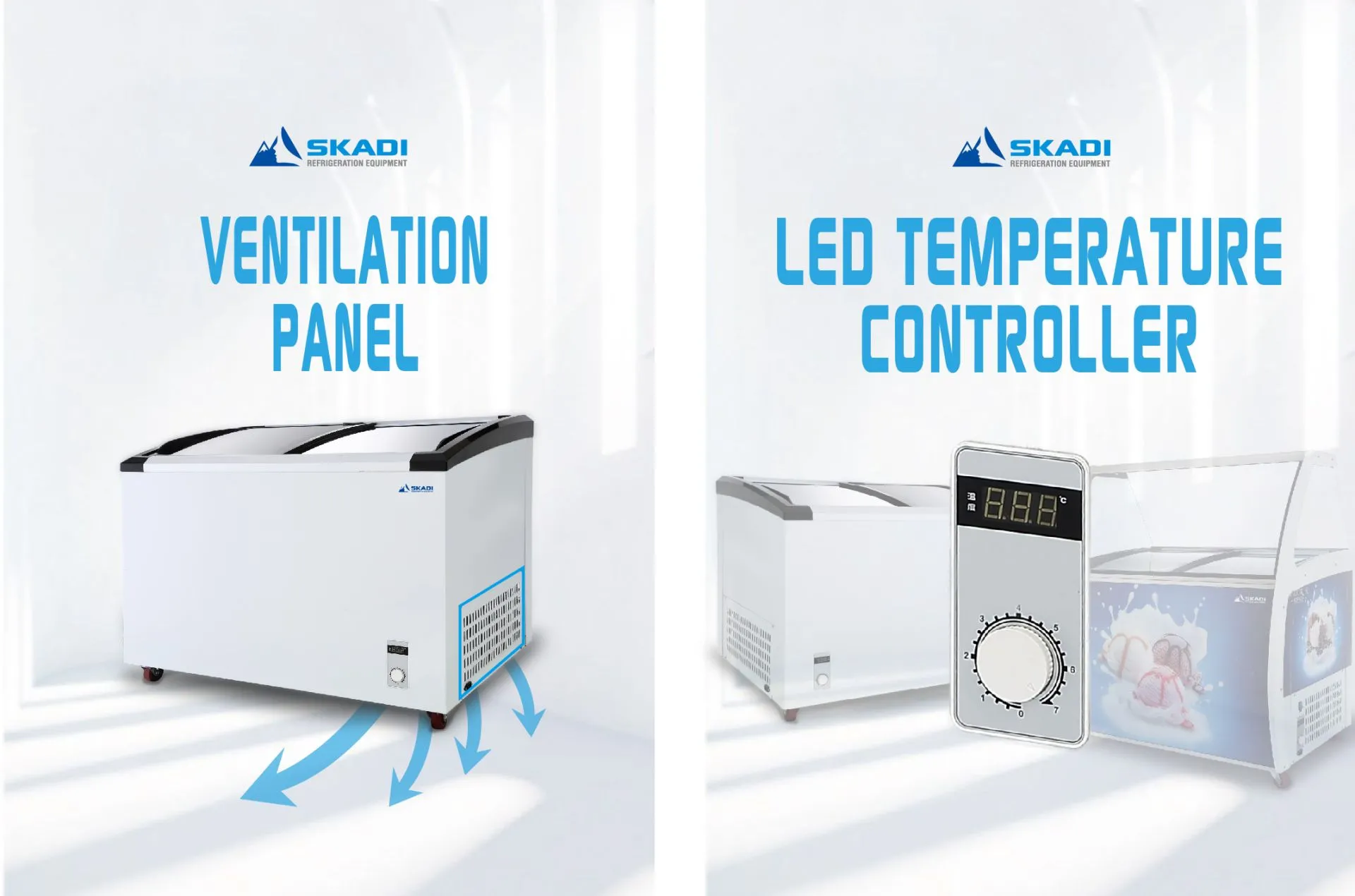 Promotional graphic for the High-Performance Freezer Display Unit | CFS, showcasing the ventilation panel for optimized airflow and an LED temperature controller for precise adjustments.