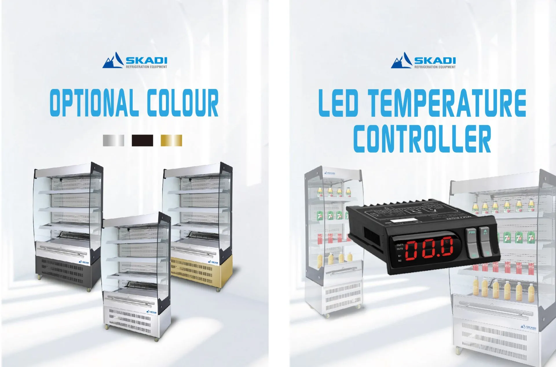 Optional color variations for the Advanced Open Chiller for Bulk Orders EOC, available in stainless steel, black, and gold finishes, alongside an LED temperature controller with a digital display for precise temperature monitoring and adjustments.