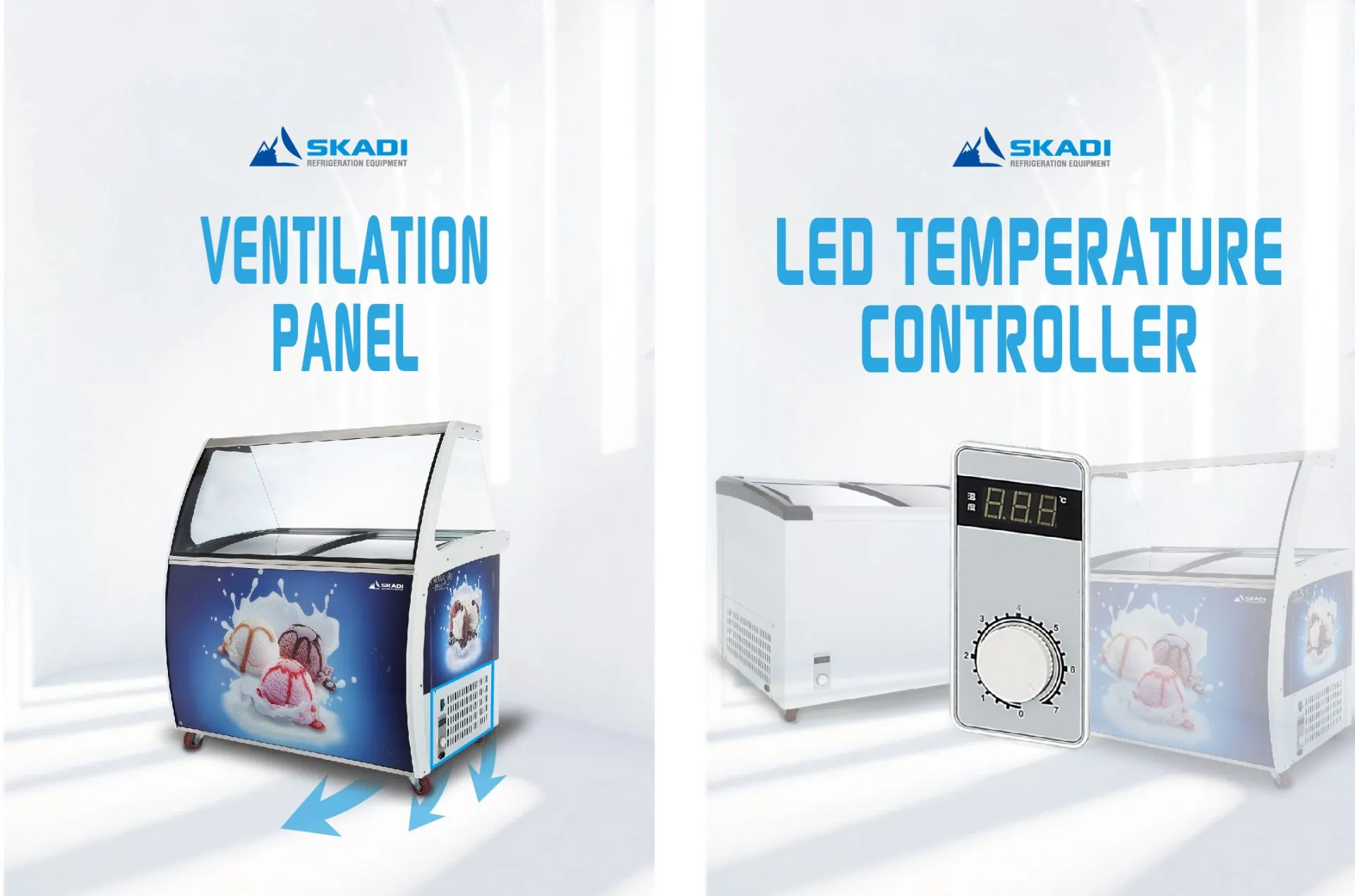 Curved Glass Ice Cream Freezer Display Unit | IDF, emphasizing its bottom ventilation panel with blue arrows indicating airflow. The adjacent image highlights the LED temperature controller, showing a close-up of the digital display and control knob.