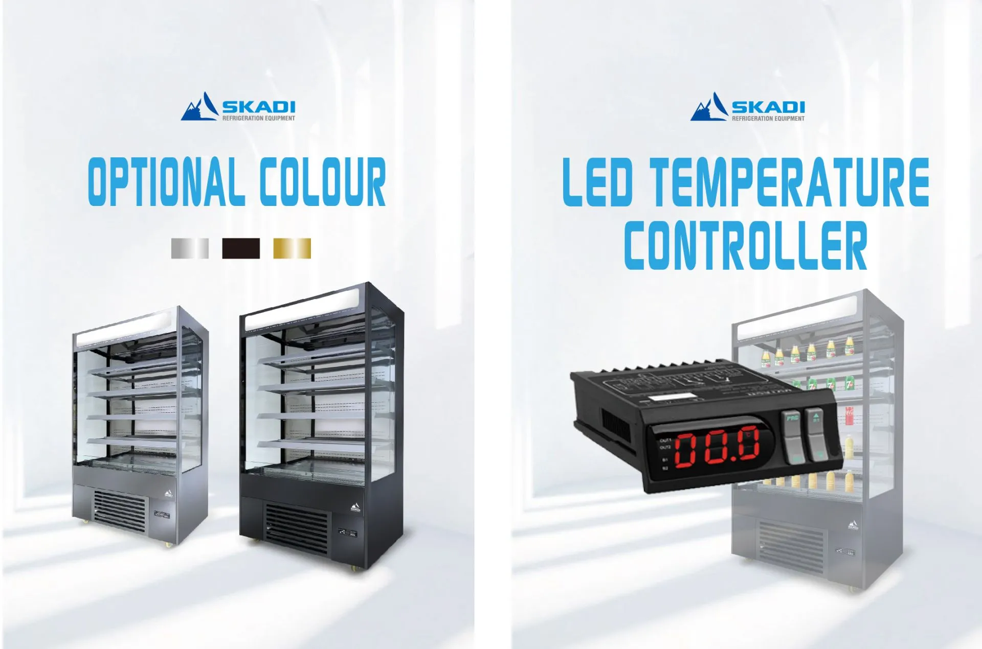 Image showing color options for the [High-Efficiency Open Chiller for Corporate Environments | LOC], including silver, black, and gold finishes, with the text "Optional Colour" above two chiller models, showcasing customizable aesthetic choices. To the side, an LED temperature controller with a digital display reading "00.0" is featured, emphasizing "LED Temperature Controller" functionality for precise temperature settings.