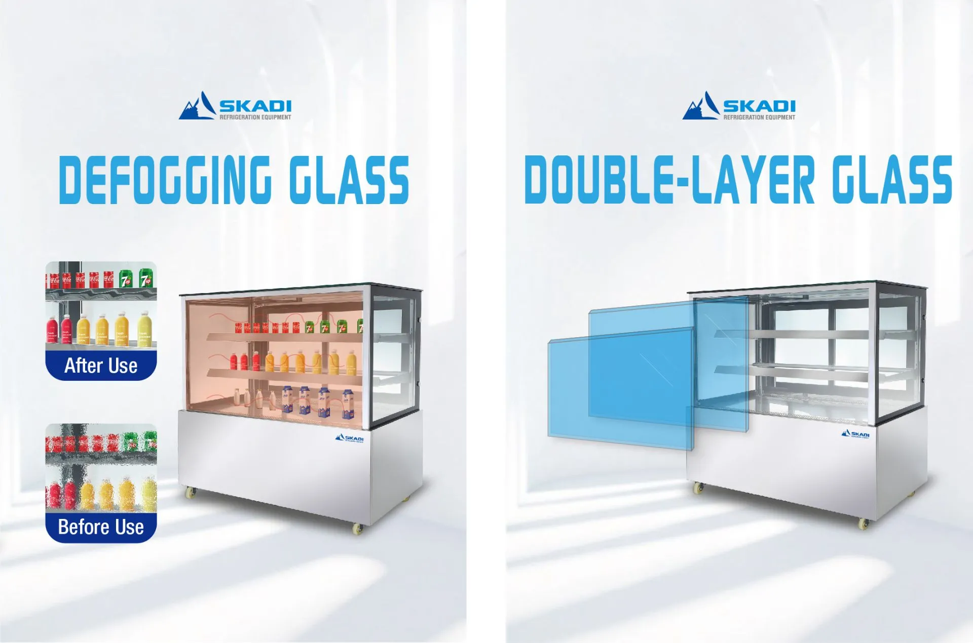 Defogging glass feature in the LTR-D cake display cabinet, comparing clear visibility after use with foggy conditions before use.Double-layer glass technology in the LTR-D cake display cabinet for enhanced insulation and temperature stability.