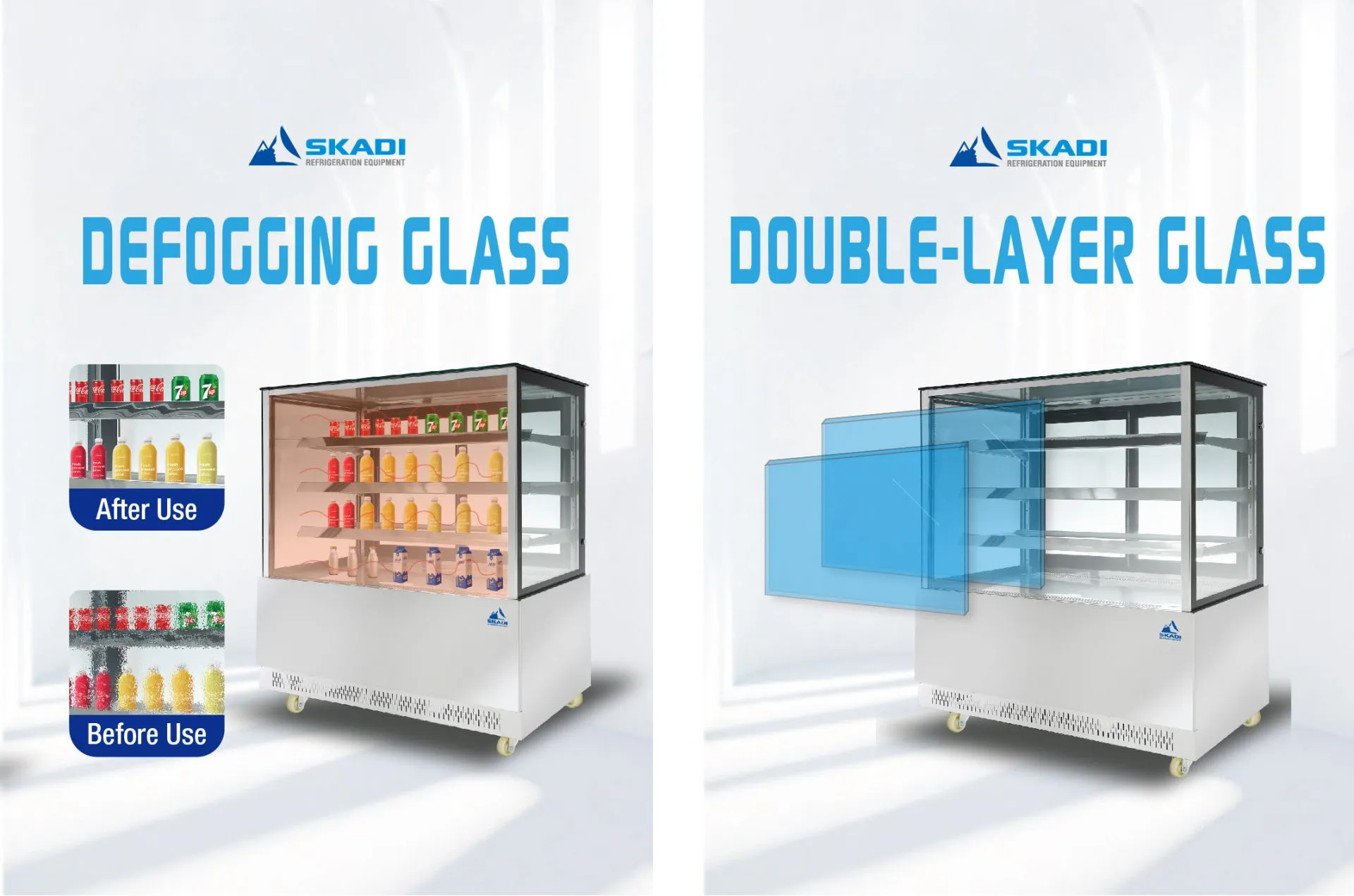 Image showing a refrigerated display case with a comparison of before and after defogging. The text "Defogging Glass" is displayed on the left. On the right, there is an image of double-layer glass under the text "Double-Layer Glass," both highlighting advanced glass features for the [Transparent Glass Cake Display Showcase | PNR-T].