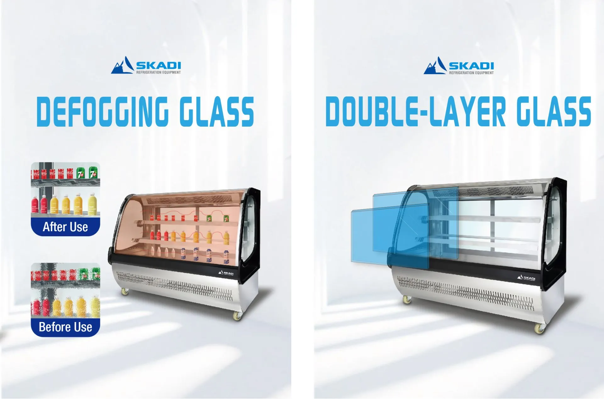 Spacious Curved Glass Commercial Cake Display Cabinet | XRC-D promoting defogging glass technology, with a before-and-after comparison, and highlighting double-layered glass for enhanced insulation.