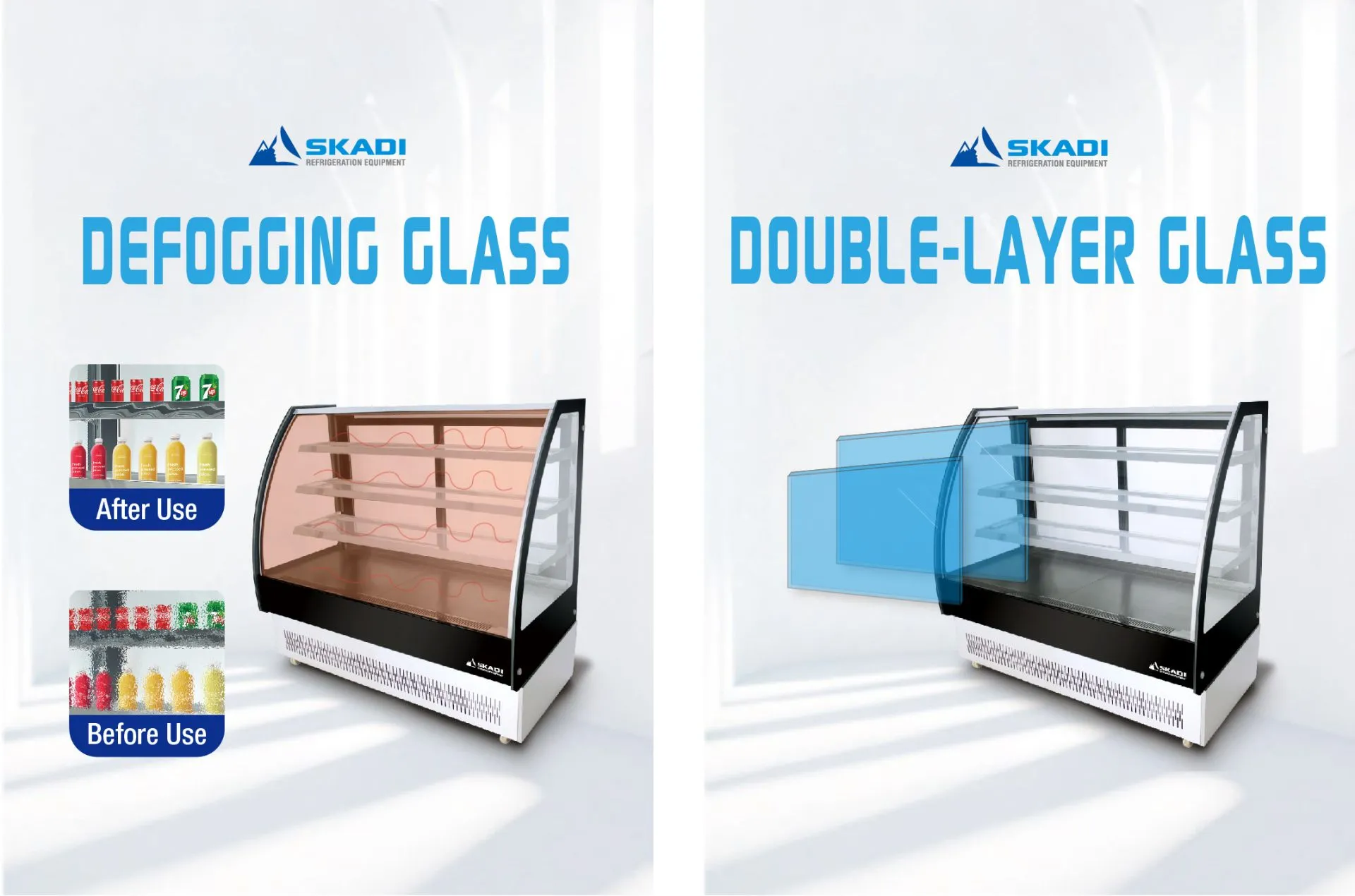 A feature comparison for the Full-View Curved Glass Pastry Display Showcase | ORC-T, showing defogging glass with a before and after use example, and double-layer glass for improved insulation and visibility.