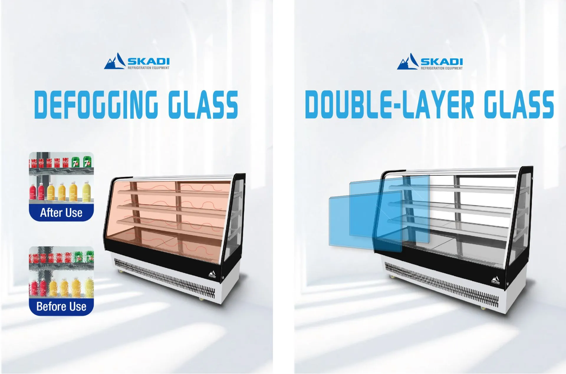 A display of features for the Transparent Panoramic Cake Display Showcase | ORD-T, emphasizing defogging glass technology with a before-and-after comparison, and the use of double-layer glass for better insulation and visibility.