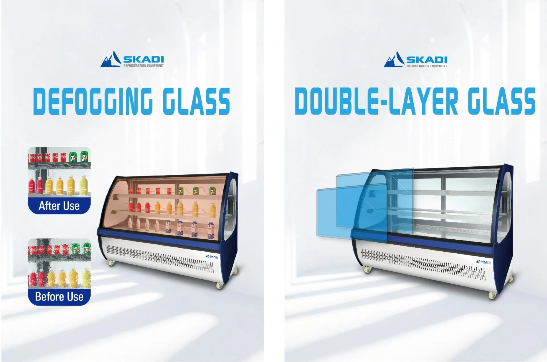 Defogging glass and double-layer glass features for Long-Shape Commercial Cake Display Cabinet | LLC-D. The left side shows a before-and-after comparison of defogging glass, while the right side demonstrates the cabinet's double-layer glass technology.