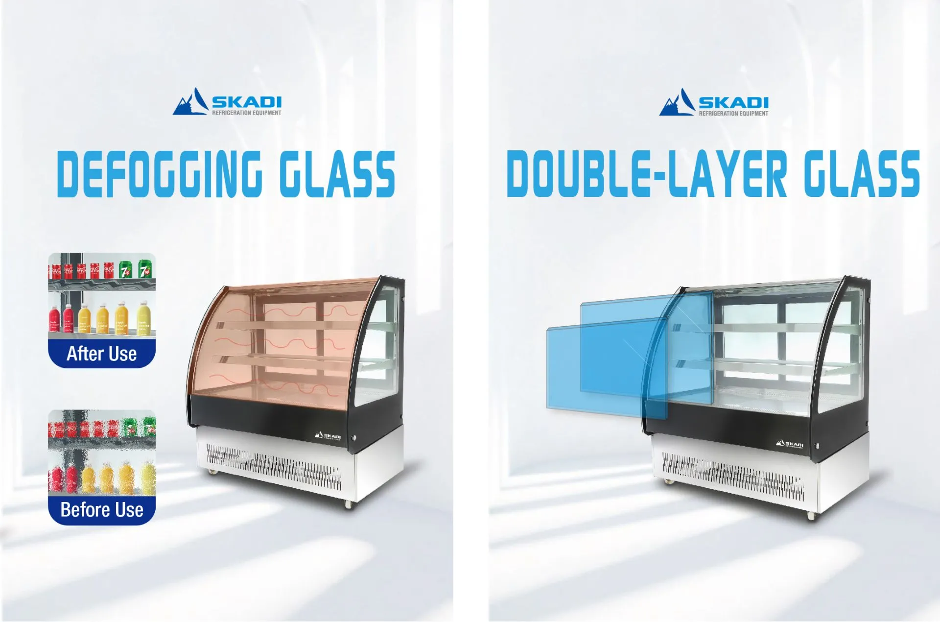 Defogging glass feature of the Curved Pastry Display Showcase | ORC-D, with a before-and-after comparison, and a showcase of double-layer glass technology for better insulation and clarity.