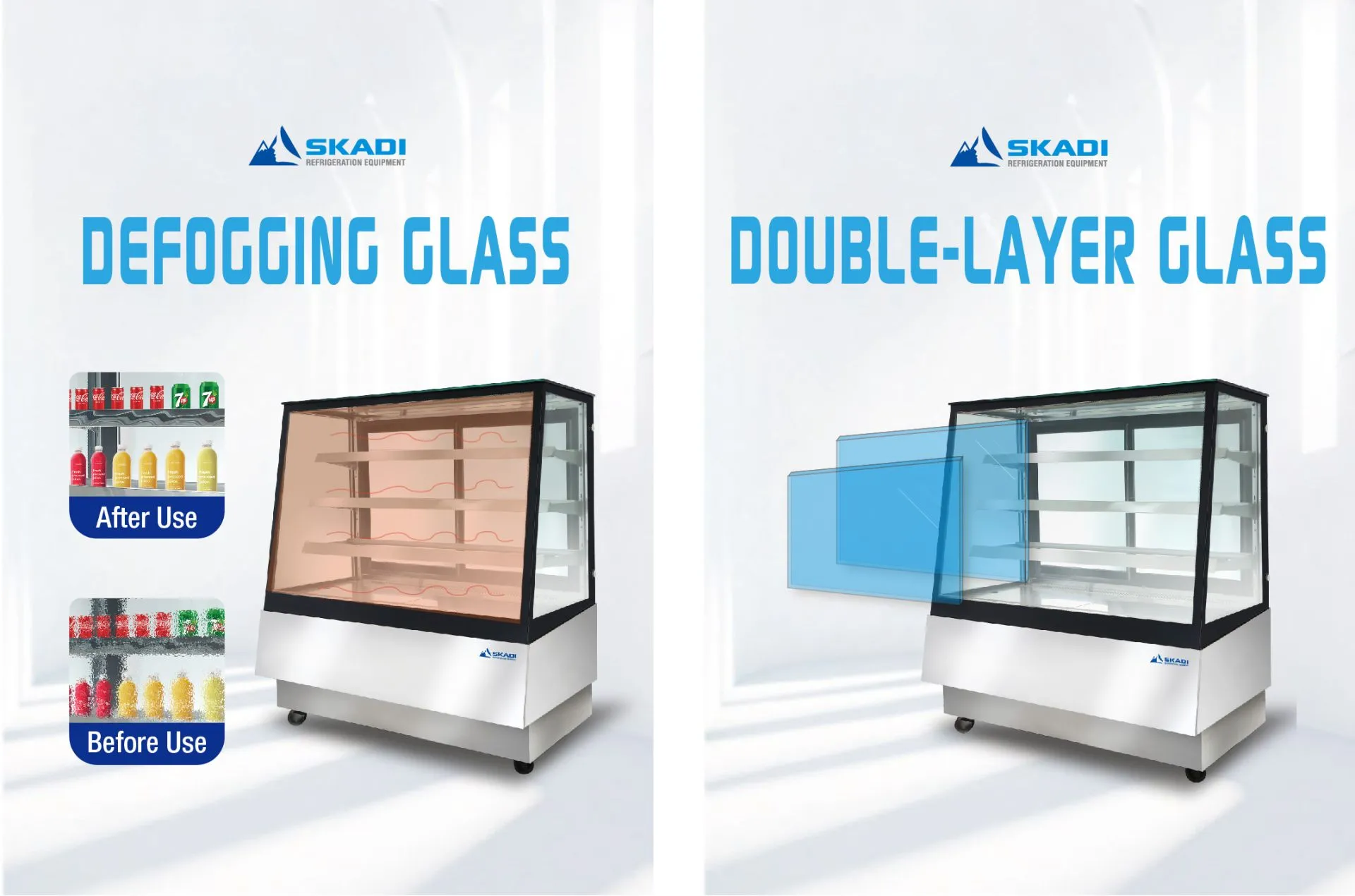 Defogging glass and double-layer glass features for Full-View Pastry Display Cabinet with Right-Angle Design | ORX-T, improving visibility with anti-fog technology and offering enhanced insulation through double-layered tempered glass.