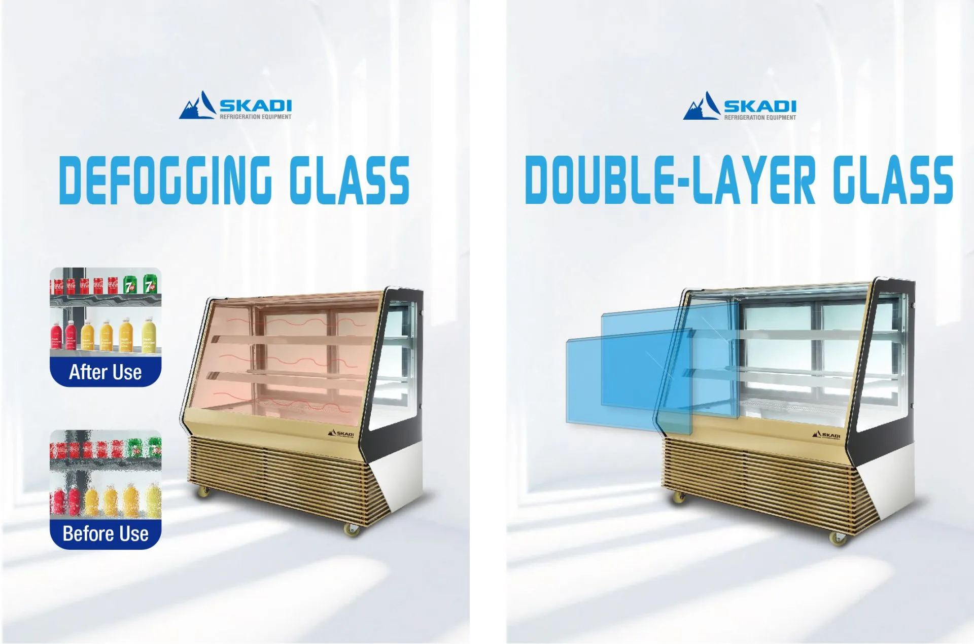 Elegant Cake Display Cabinet with Customizable Colors | TLC-D, promoting defogging glass technology with a before-and-after demonstration. The cabinet also features double-layered glass for enhanced insulation.