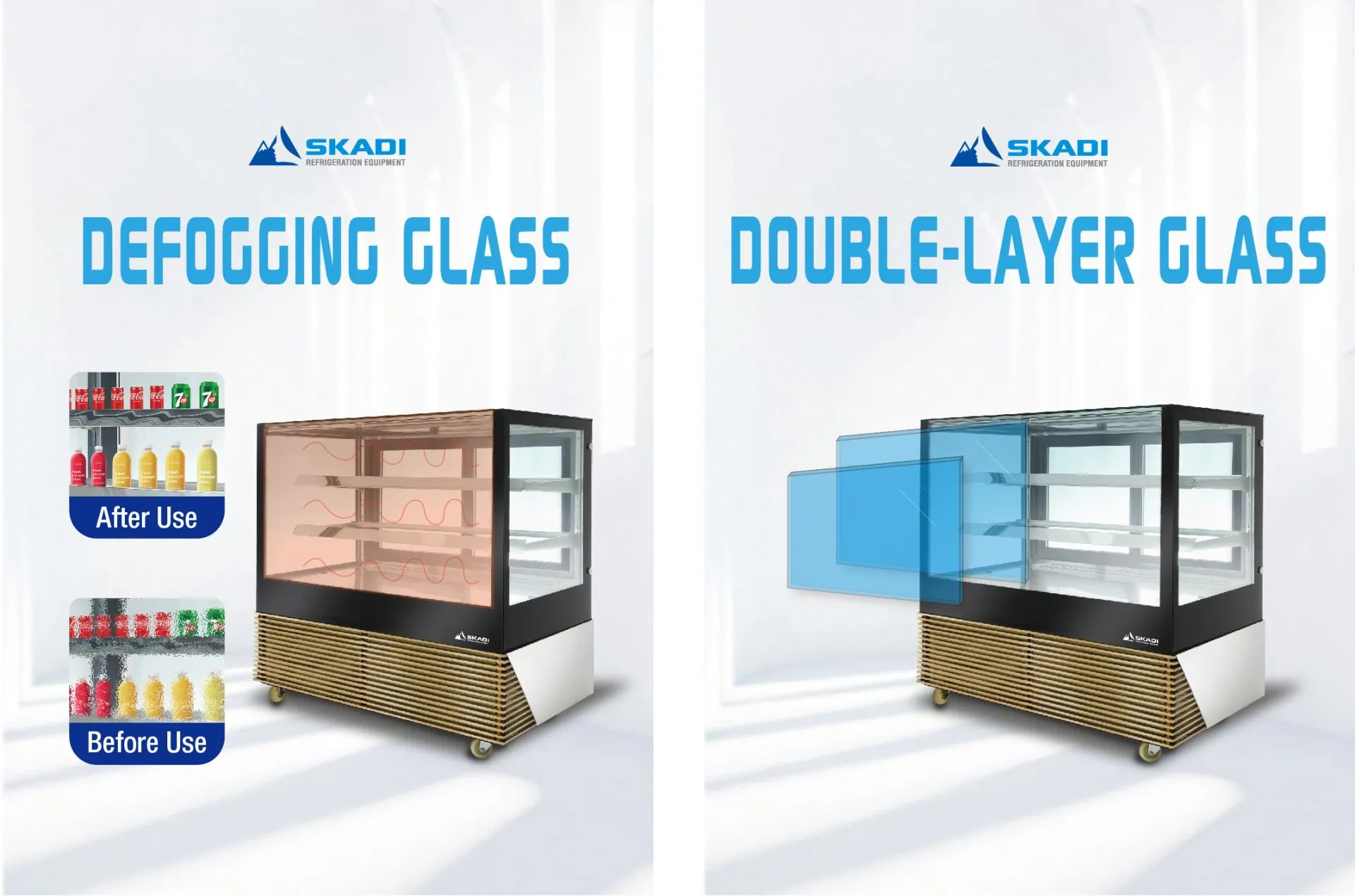 Defogging glass feature demonstrated with a comparison of before and after use on the High-Efficiency Commercial Cake Display Cabinet | TLR-D. Double-layer glass for enhanced insulation and energy efficiency is also highlighted.