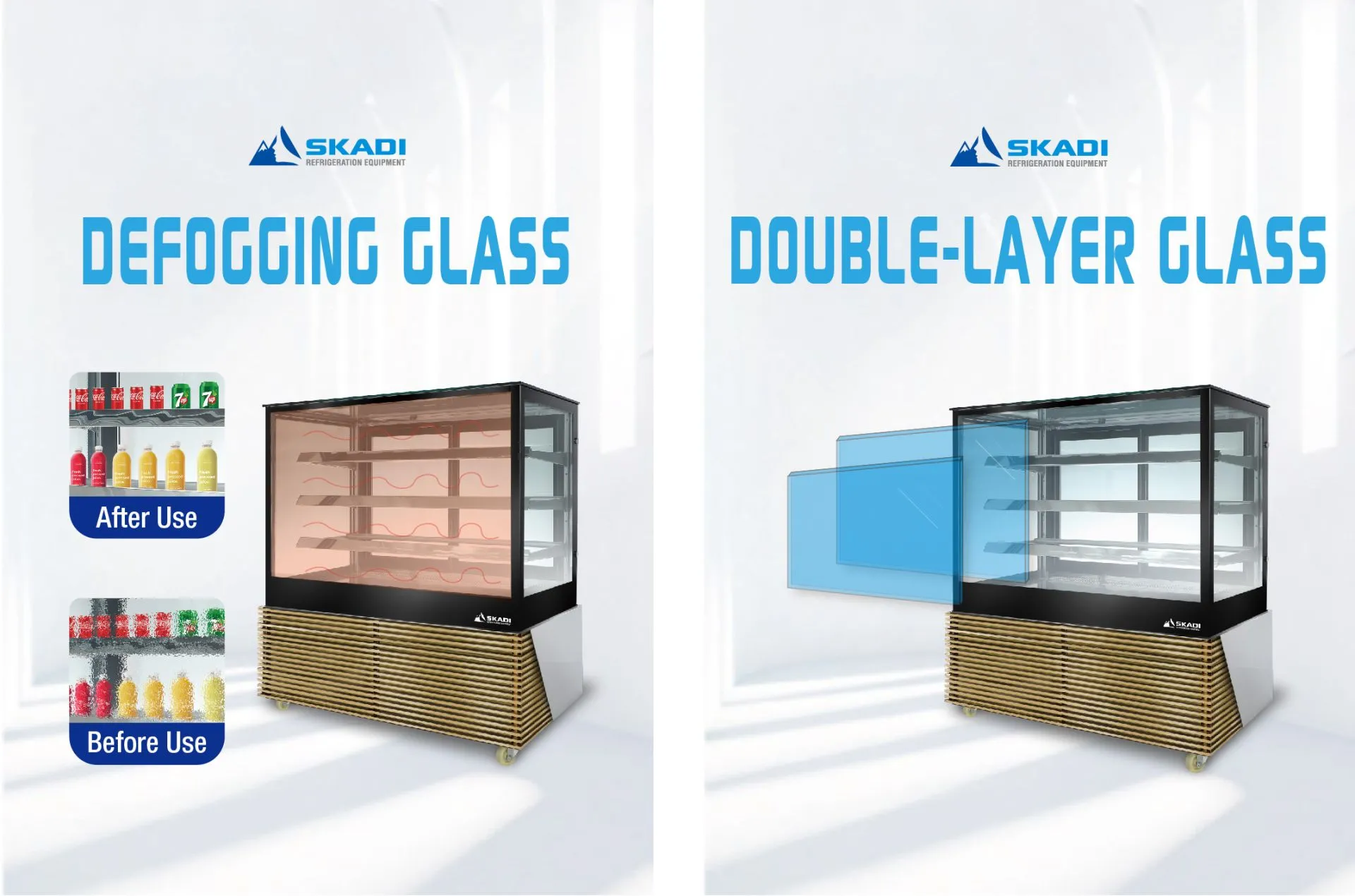 Showcase of advanced glass features for the [Full-View Curved Glass Cake Display Showcase | TLR-T]. The left side promotes the defogging glass with 