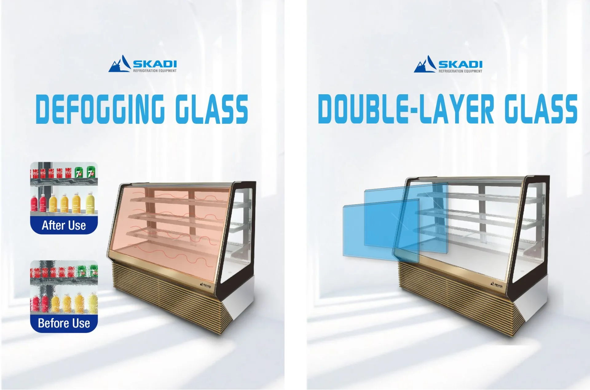 Luxurious Panoramic Cake Display Showcase | TLC-T defogging glass technology comparison showing before and after effects, with a clear view of beverages after defogging use. Another feature includes double-layered glass for enhanced insulation.