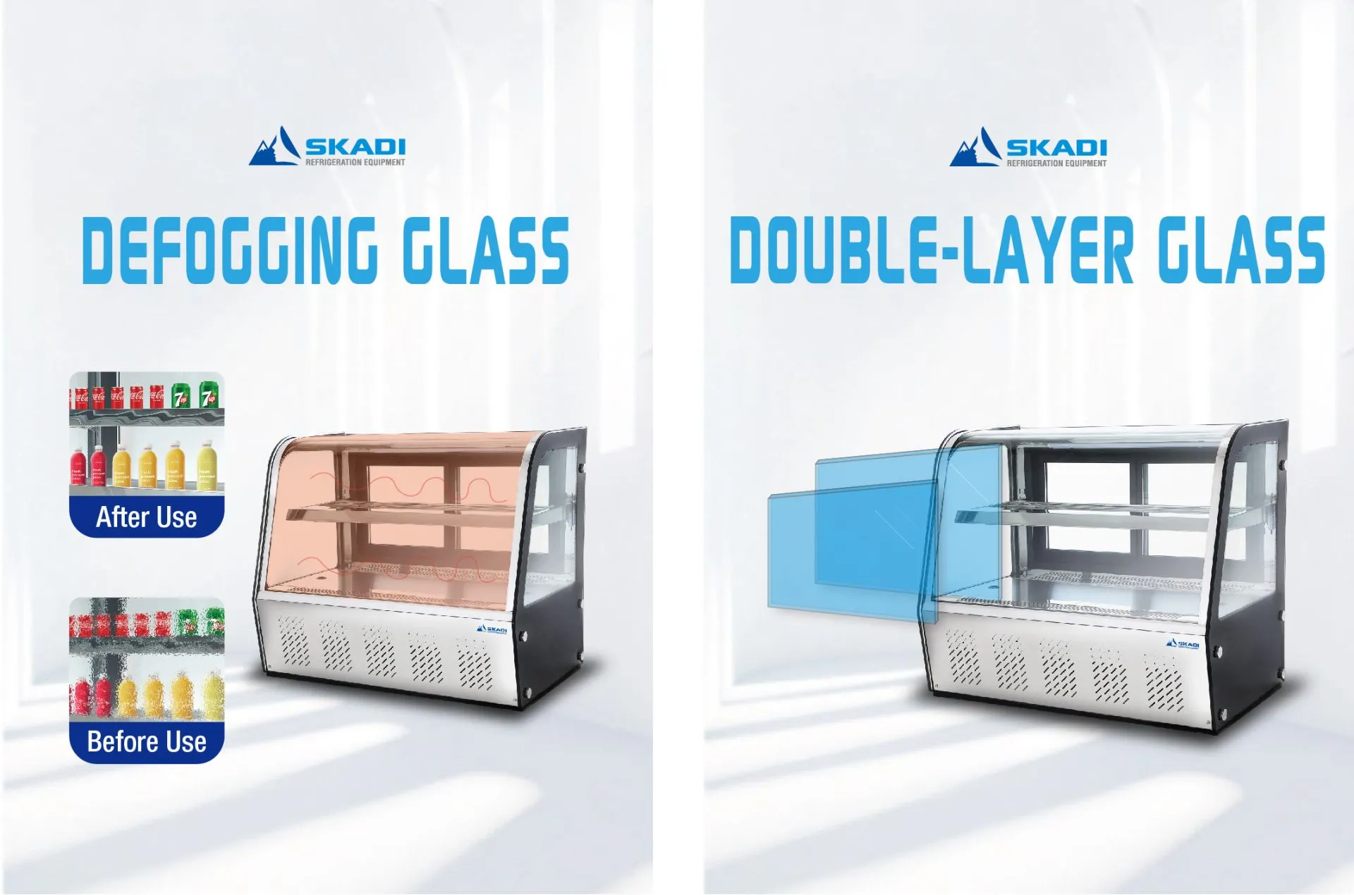 A side-by-side promotional graphic of the [Panoramic Countertop Cake Display Showcase | CTSC085], featuring its defogging glass technology that improves visibility after use, and a double-layer glass design for enhanced insulation.